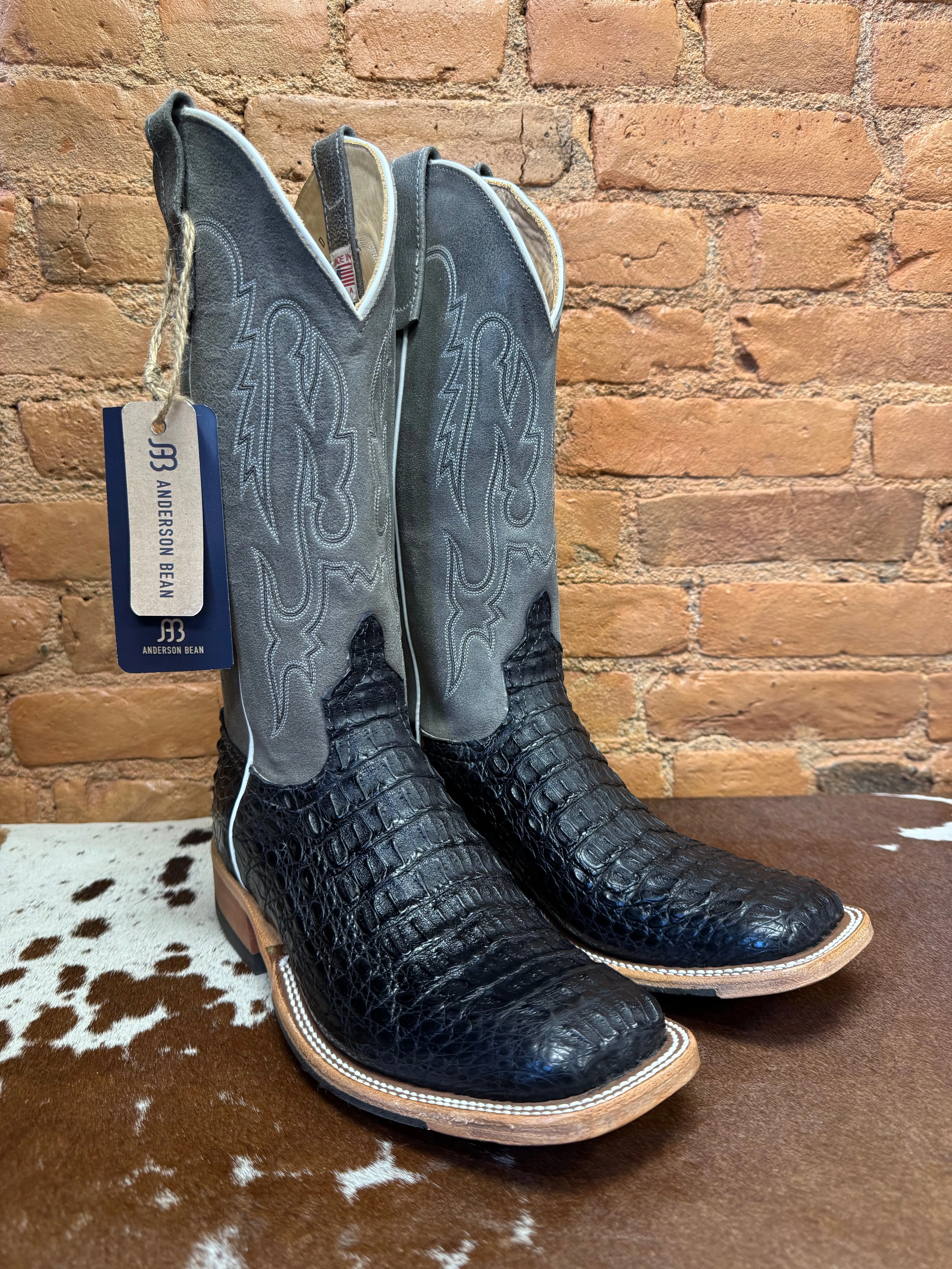 Anderson Bean Men's Black Lux Caiman & Ocean Wipeout Square Toe Cowboy Boots 332204 321801
