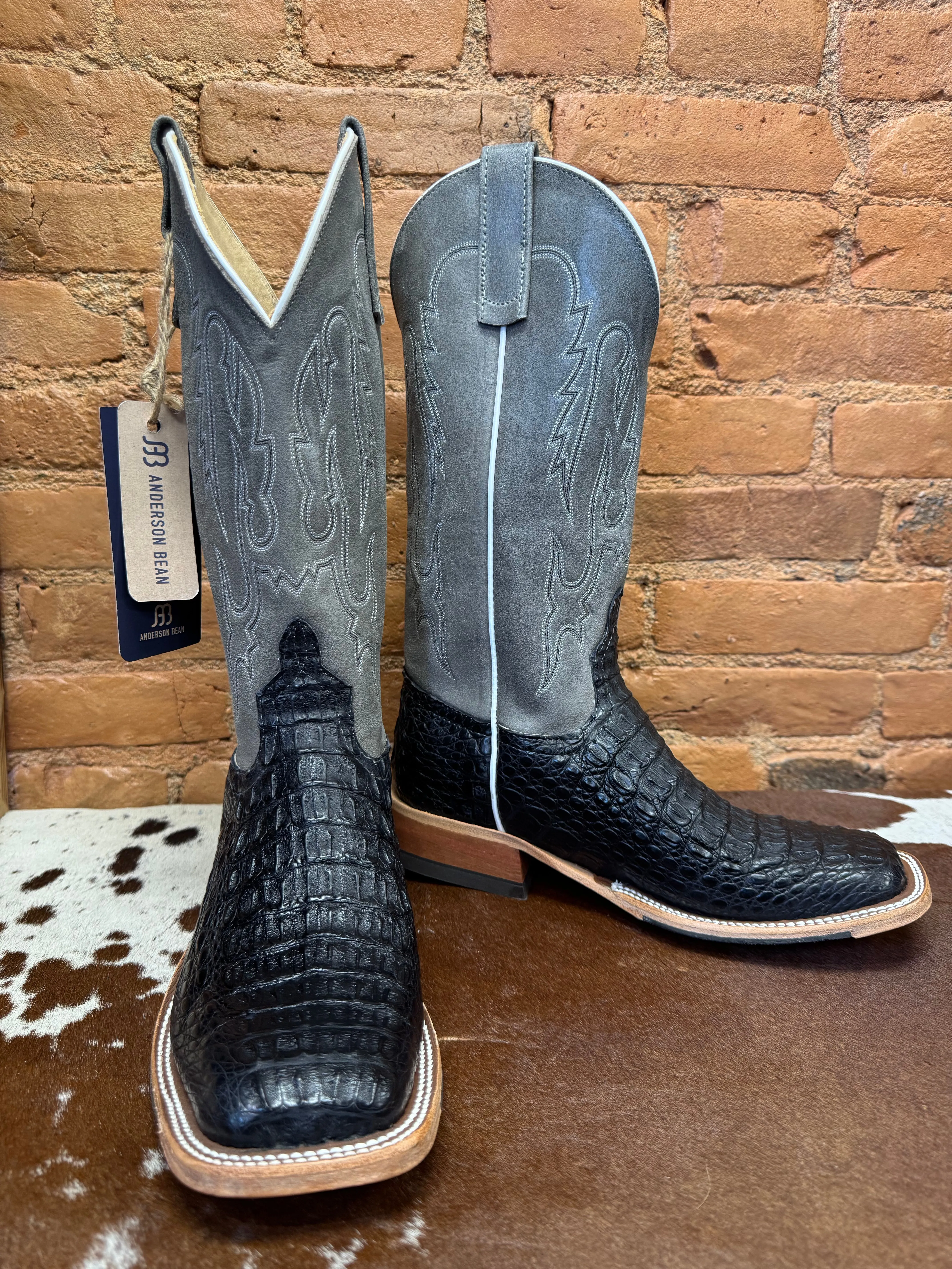 Anderson Bean Men's Black Lux Caiman & Ocean Wipeout Square Toe Cowboy Boots 332204 321801
