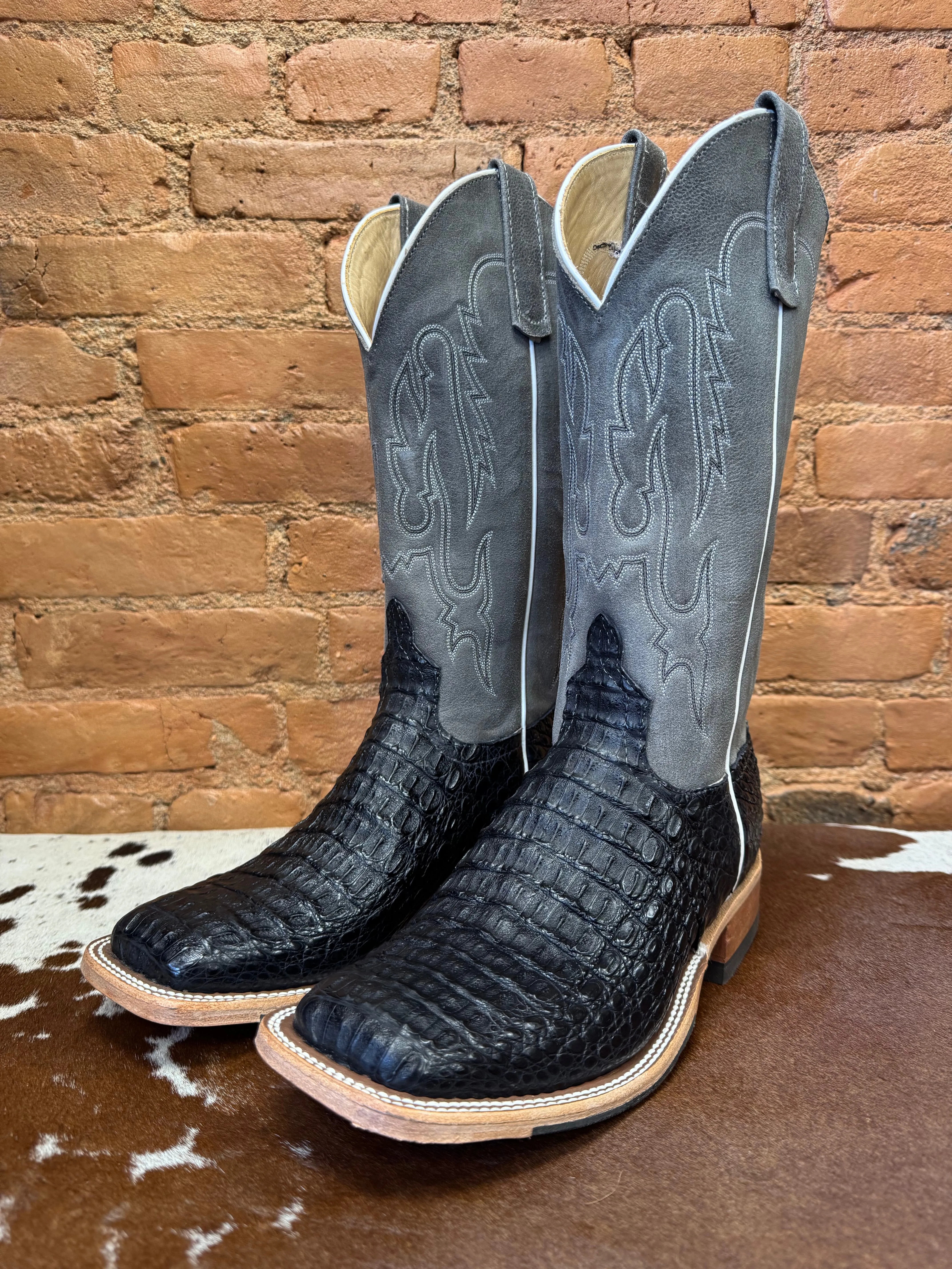 Anderson Bean Men's Black Lux Caiman & Ocean Wipeout Square Toe Cowboy Boots 332204 321801