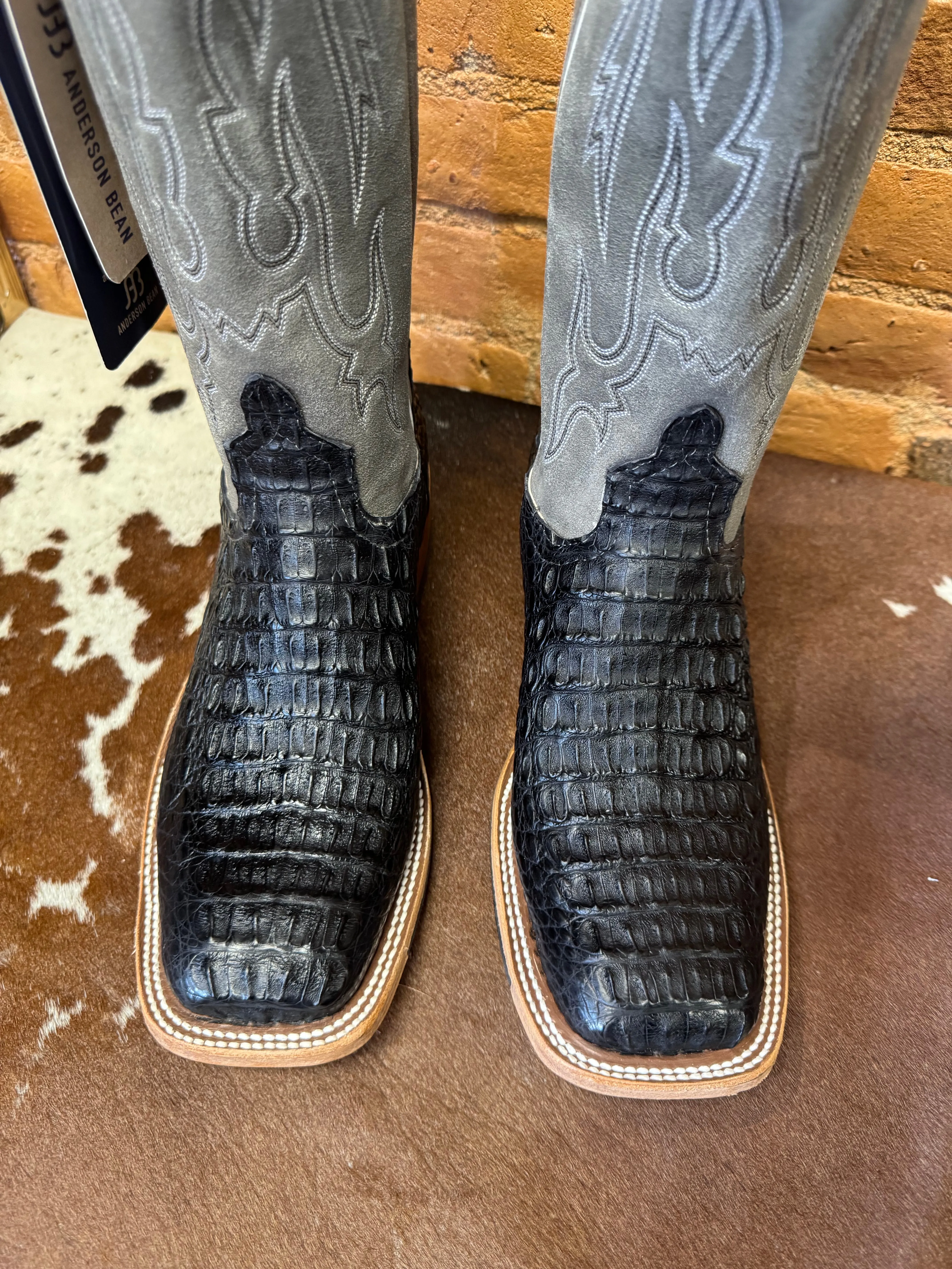 Anderson Bean Men's Black Lux Caiman & Ocean Wipeout Square Toe Cowboy Boots 332204 321801