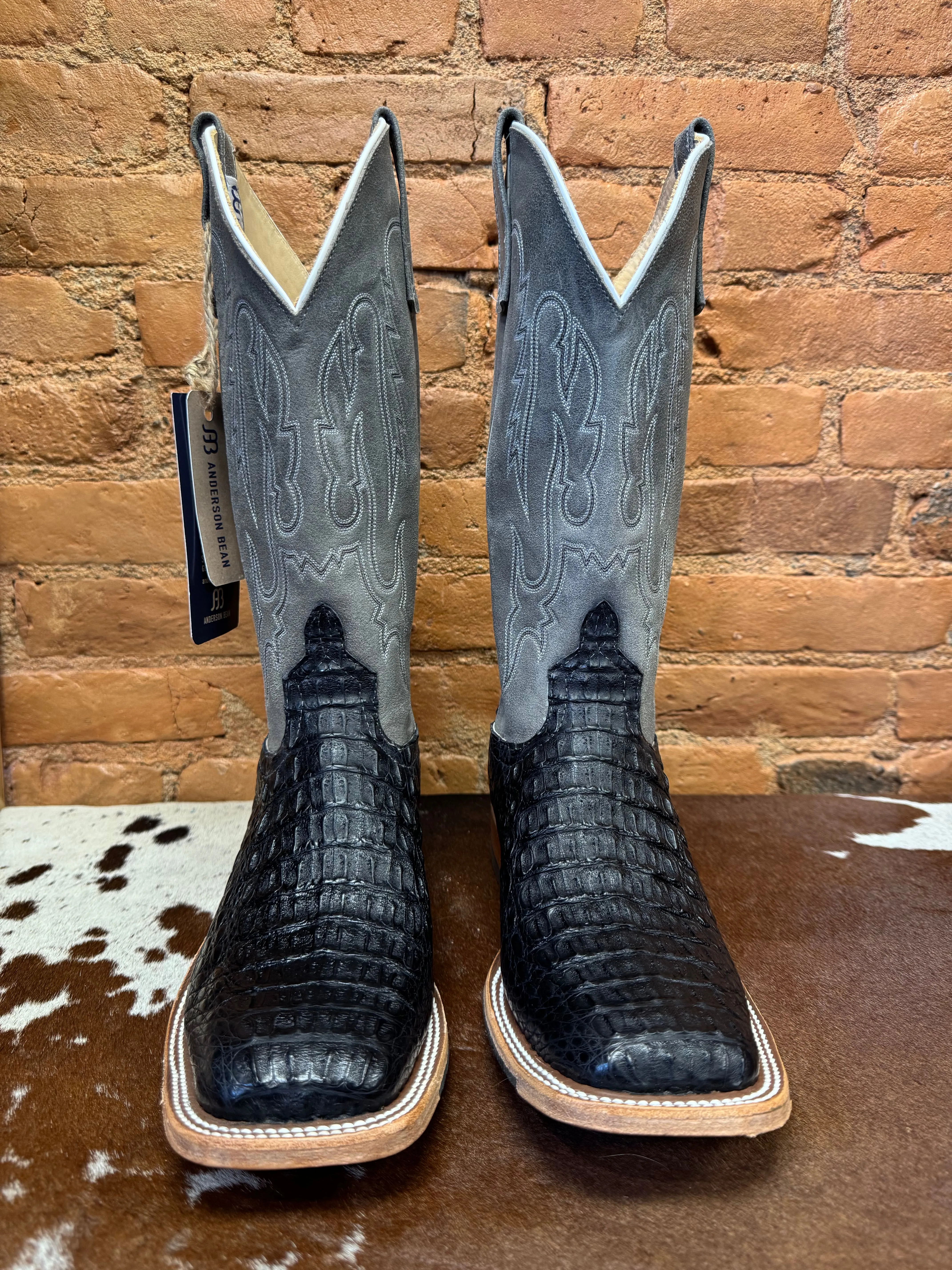 Anderson Bean Men's Black Lux Caiman & Ocean Wipeout Square Toe Cowboy Boots 332204 321801