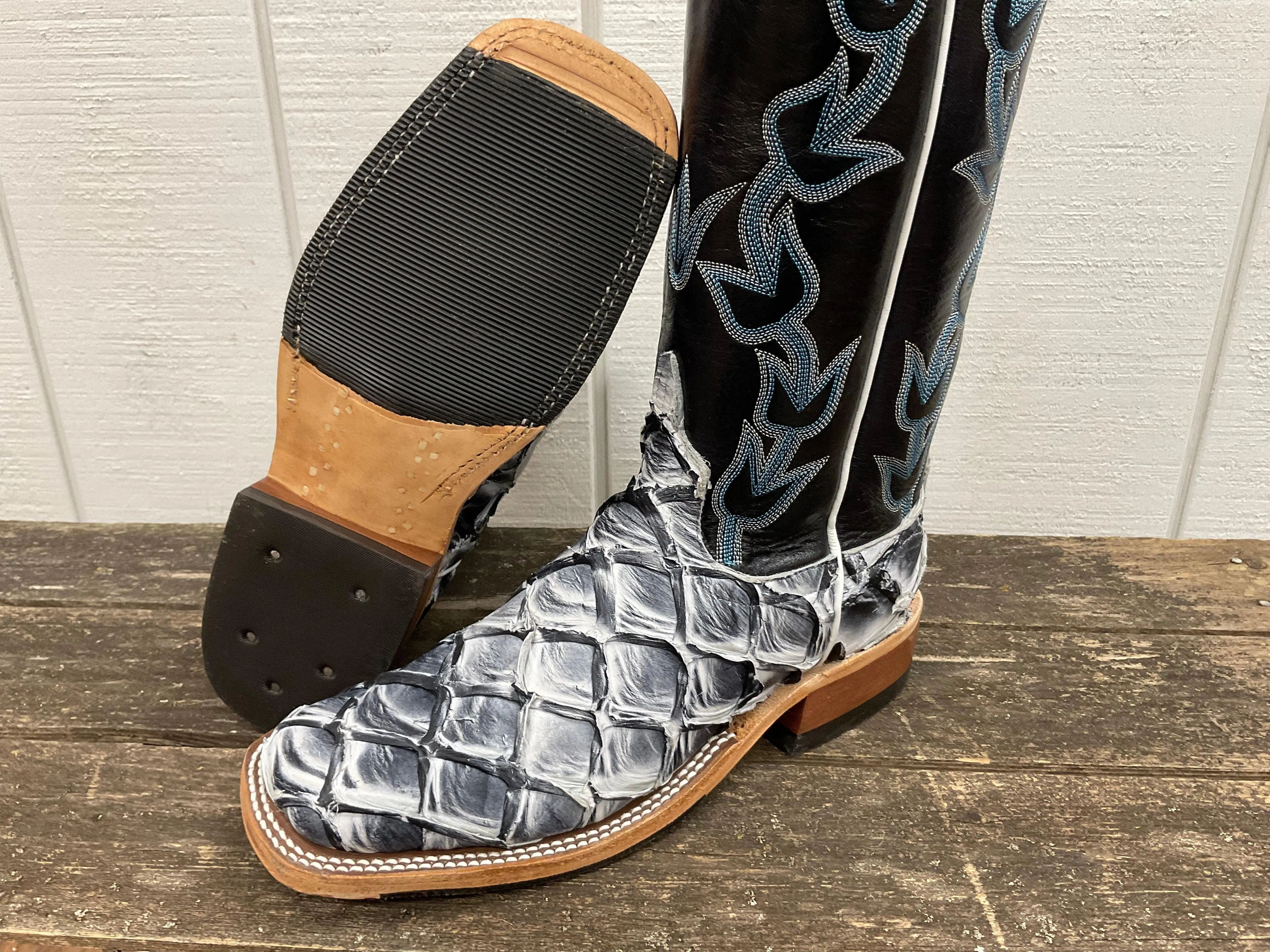 Anderson Bean Women's Ivory Eclipse Big Bass Pirarucu & Carbon Blue Milan Top Cowgirl Boots 336977