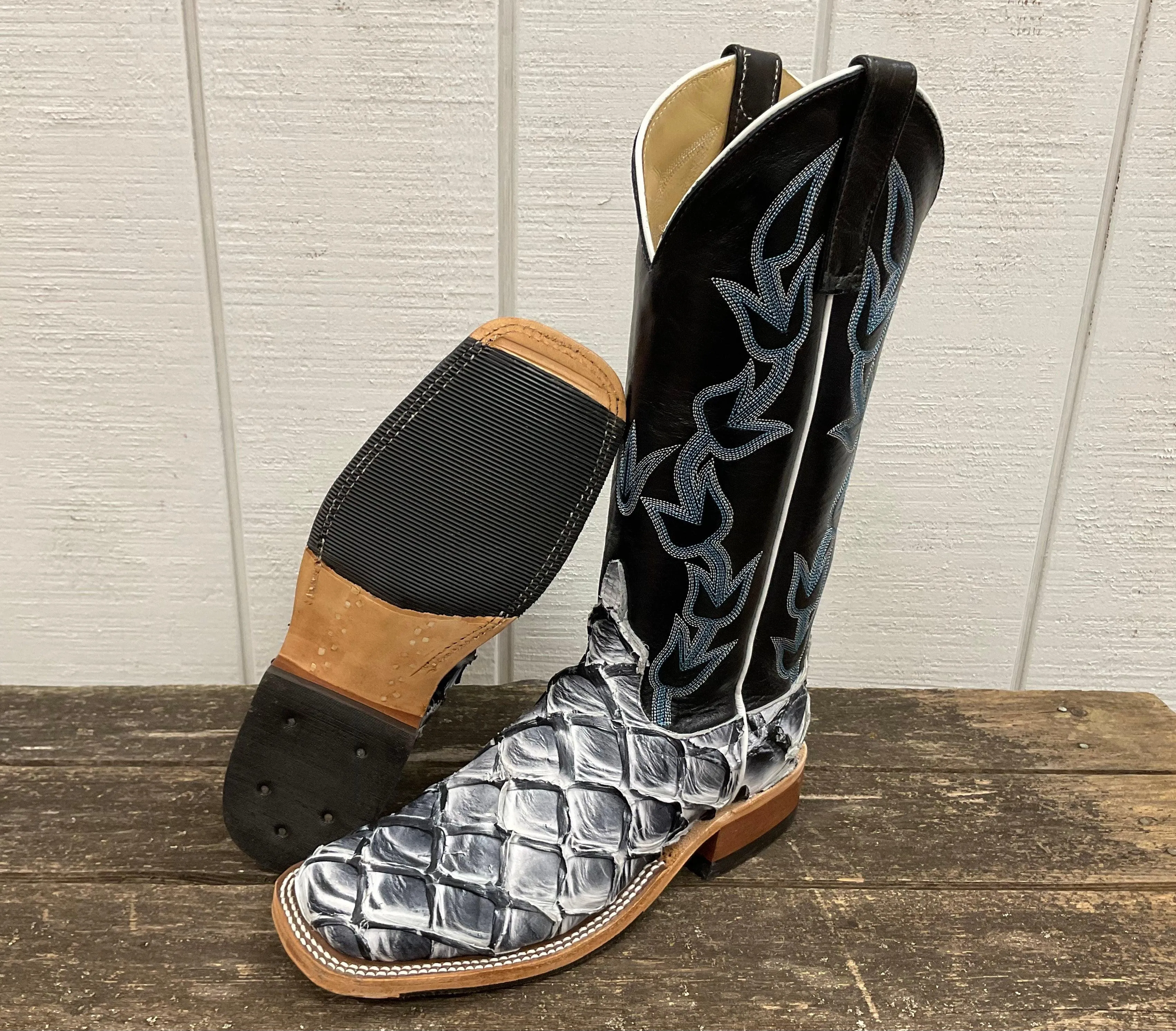 Anderson Bean Women's Ivory Eclipse Big Bass Pirarucu & Carbon Blue Milan Top Cowgirl Boots 336977