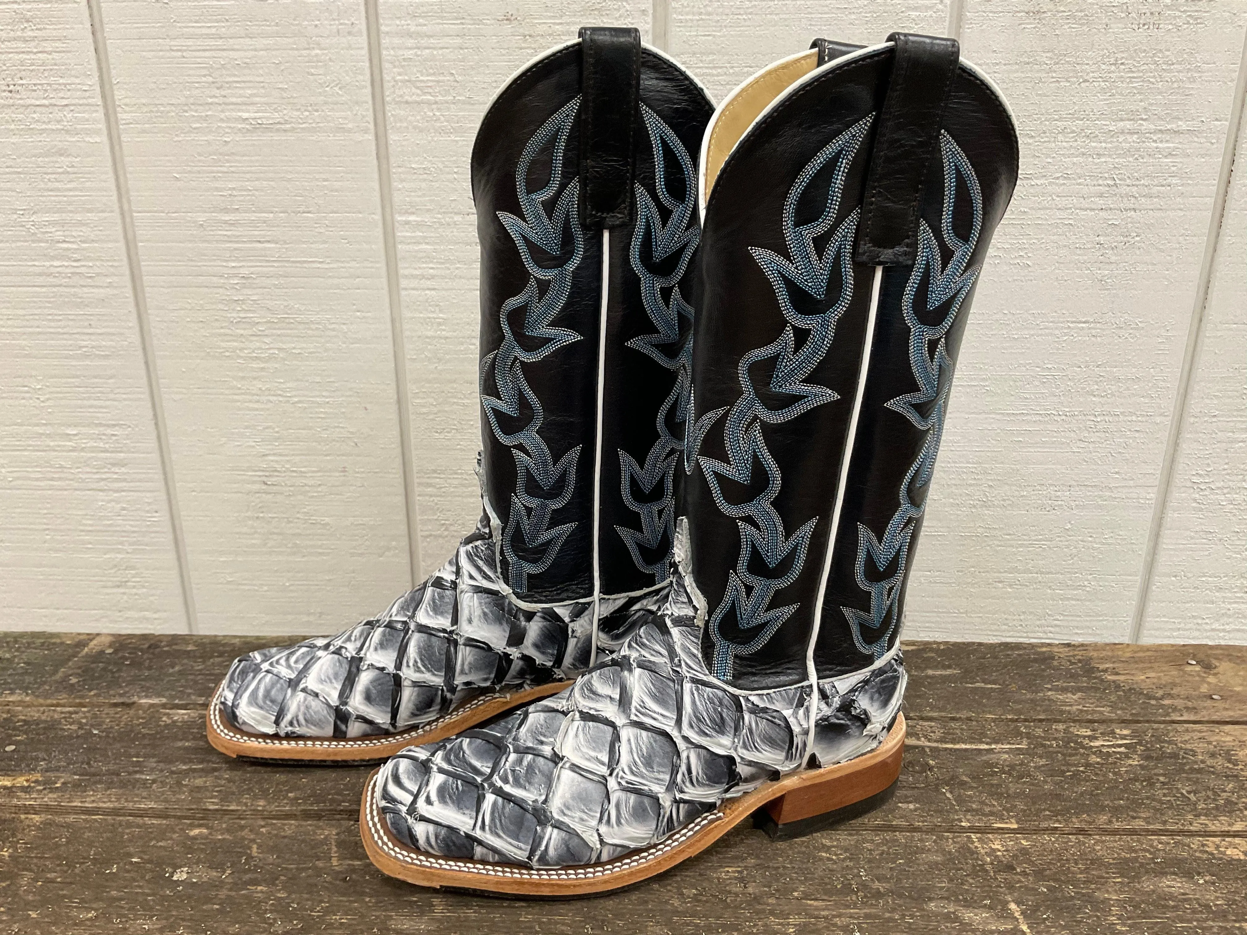 Anderson Bean Women's Ivory Eclipse Big Bass Pirarucu & Carbon Blue Milan Top Cowgirl Boots 336977