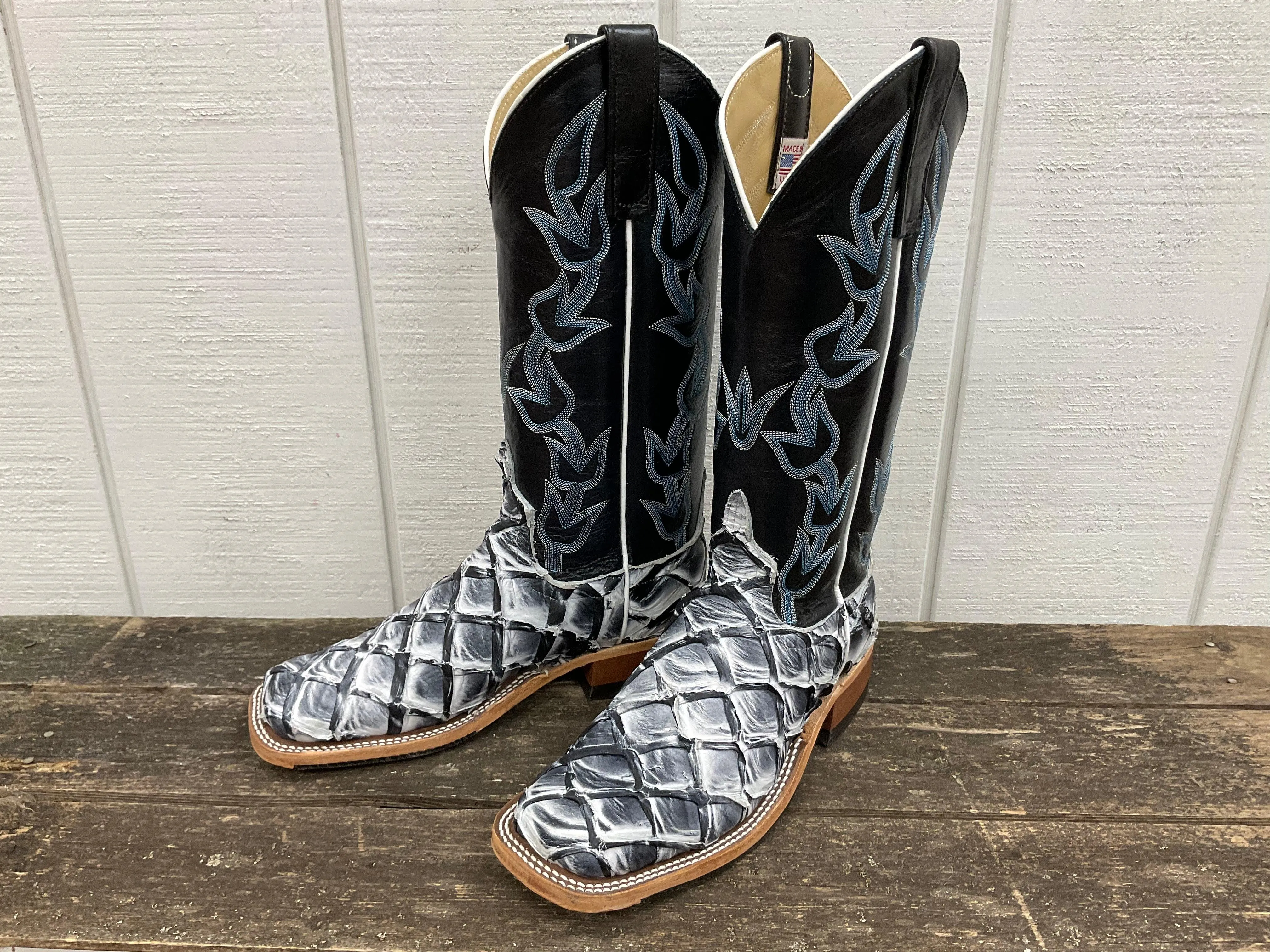 Anderson Bean Women's Ivory Eclipse Big Bass Pirarucu & Carbon Blue Milan Top Cowgirl Boots 336977