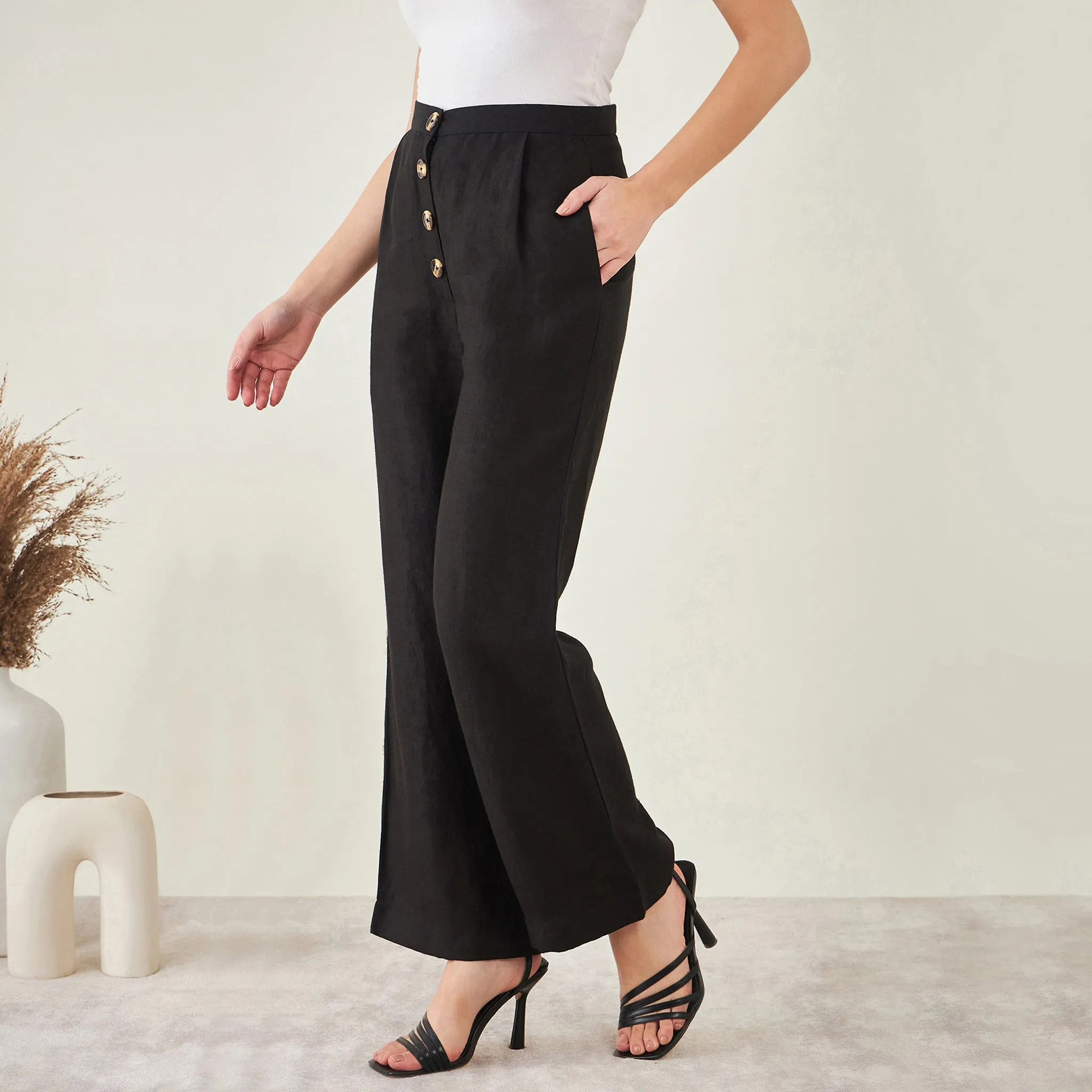 Black Linen High-Waisted Straight Pants