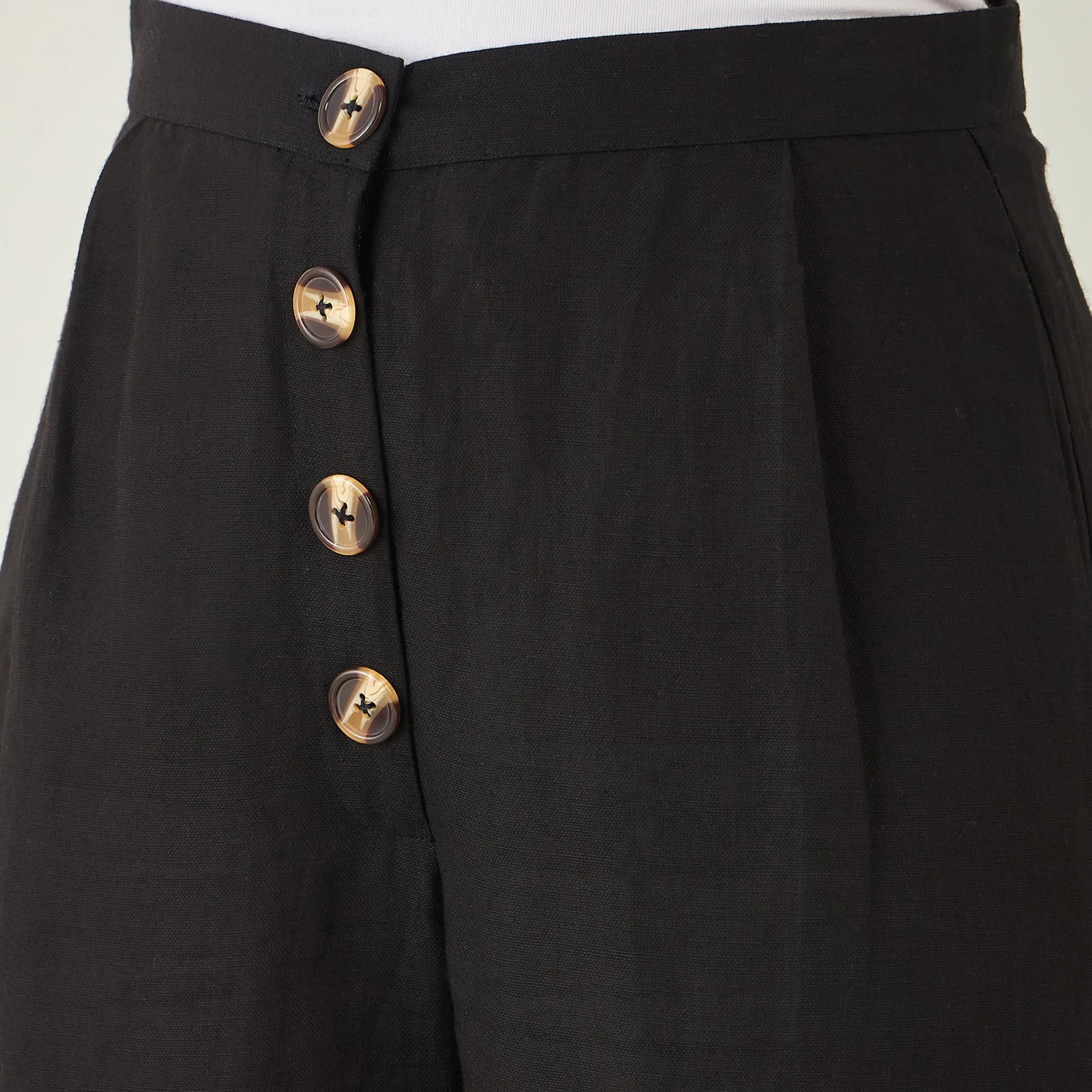 Black Linen High-Waisted Straight Pants