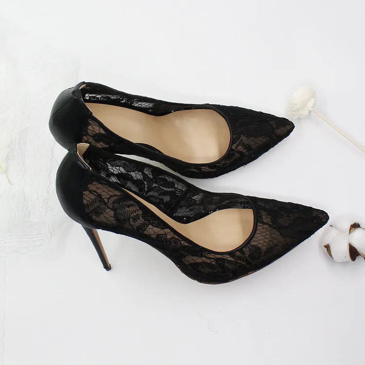 Elegant Floral Lace Shallow Black Mesh Pumps Woman Summer