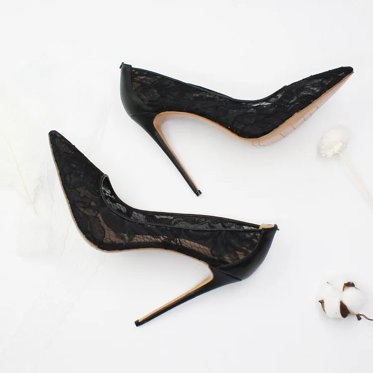 Elegant Floral Lace Shallow Black Mesh Pumps Woman Summer