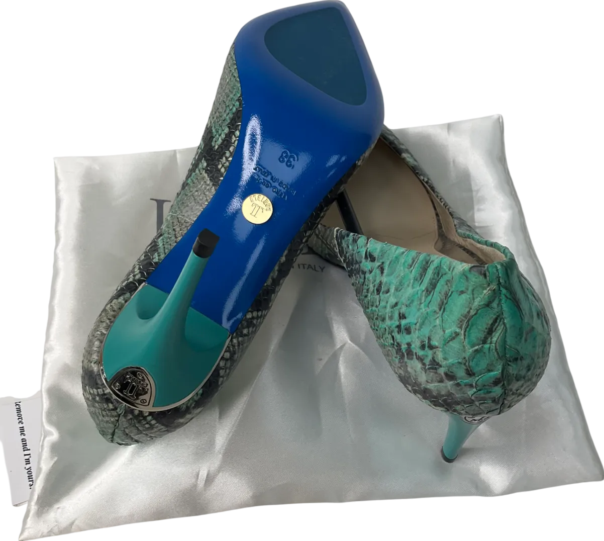 loriblu Green Turquoise Shades Snake Patten Calfskin Pointed Sling Back Heels UK 5 EU 38 