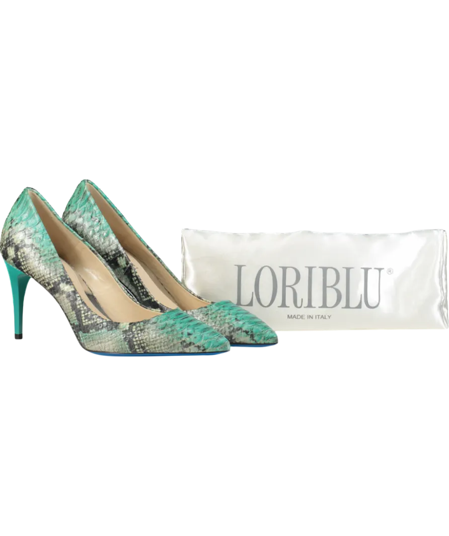 loriblu Green Turquoise Shades Snake Patten Calfskin Pointed Sling Back Heels UK 5 EU 38 