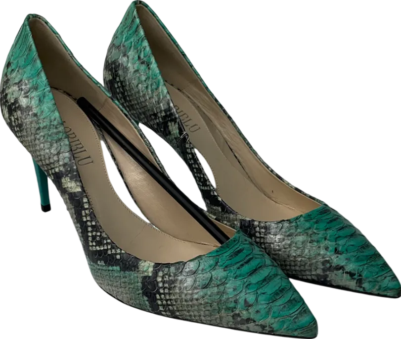 loriblu Green Turquoise Shades Snake Patten Calfskin Pointed Sling Back Heels UK 5 EU 38 