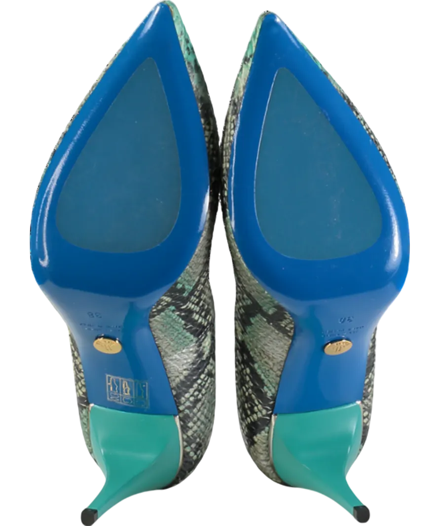 loriblu Green Turquoise Shades Snake Patten Calfskin Pointed Sling Back Heels UK 5 EU 38 