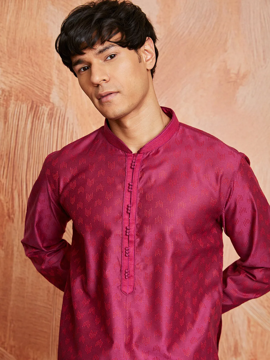 Men's Falsa Silk Blend Jacquard Kurta with Embroidered Collar
