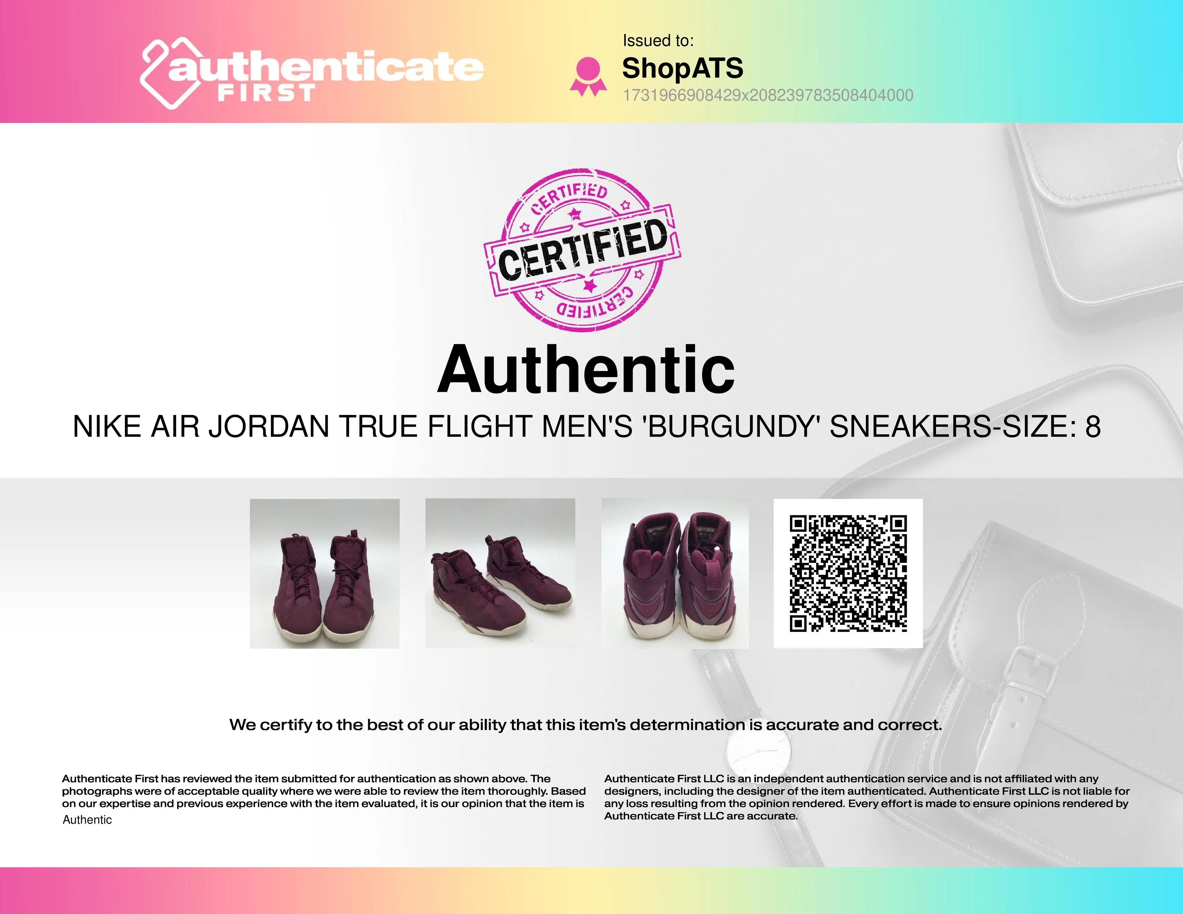 Nike Air Jordan True Flight Men's 'Burgundy' Sneakers-Size: 8 ( COA)