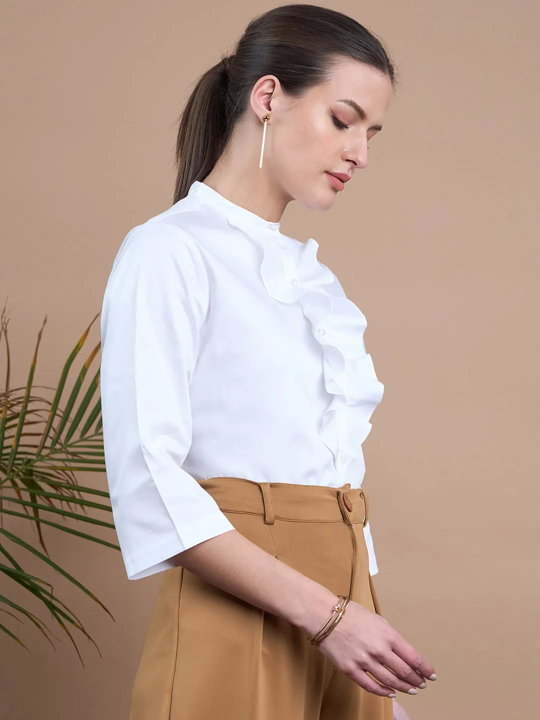 Noi Women White Solid Satin With Ruffles Formal Shirt