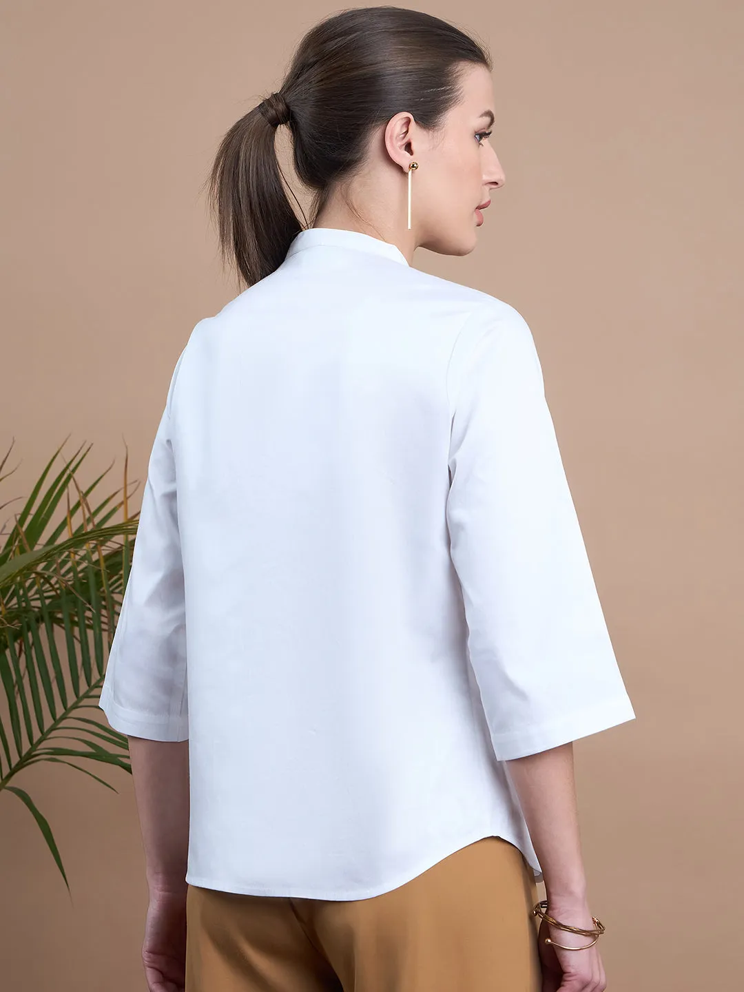 Noi Women White Solid Satin With Ruffles Formal Shirt