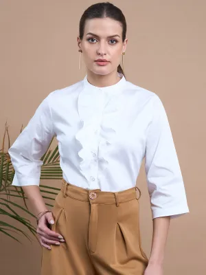 Noi Women White Solid Satin With Ruffles Formal Shirt