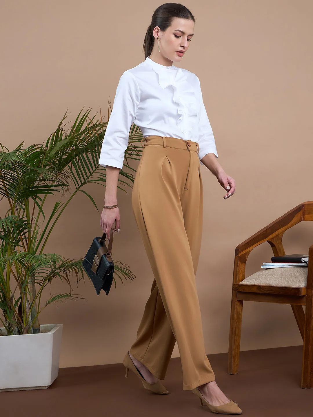 Noi Women White Solid Satin With Ruffles Formal Shirt