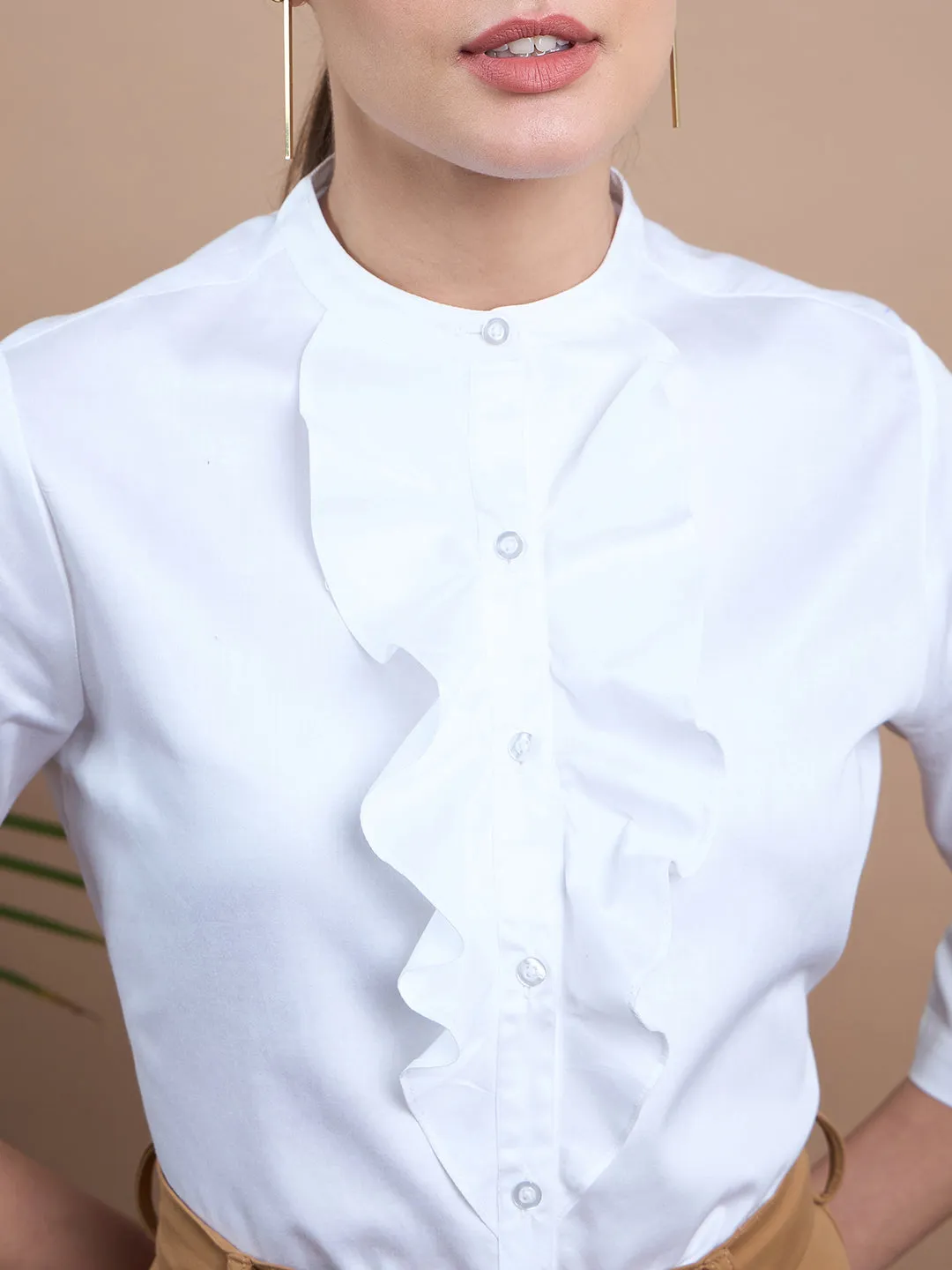 Noi Women White Solid Satin With Ruffles Formal Shirt