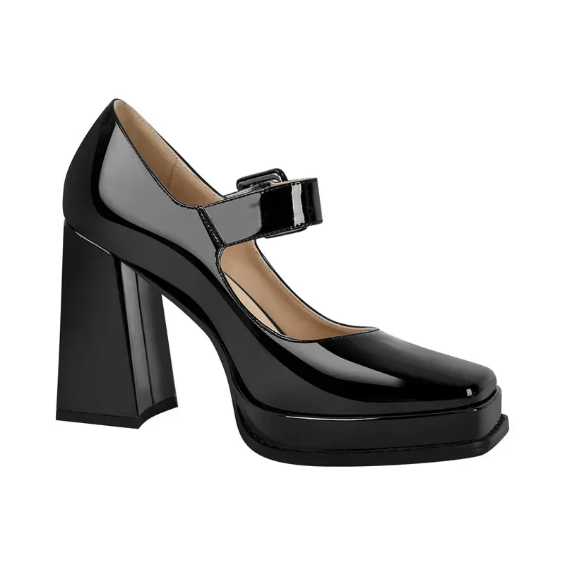Patent Leather Square Toe Buckle Strap Chunky Heel Pumps Shoes
