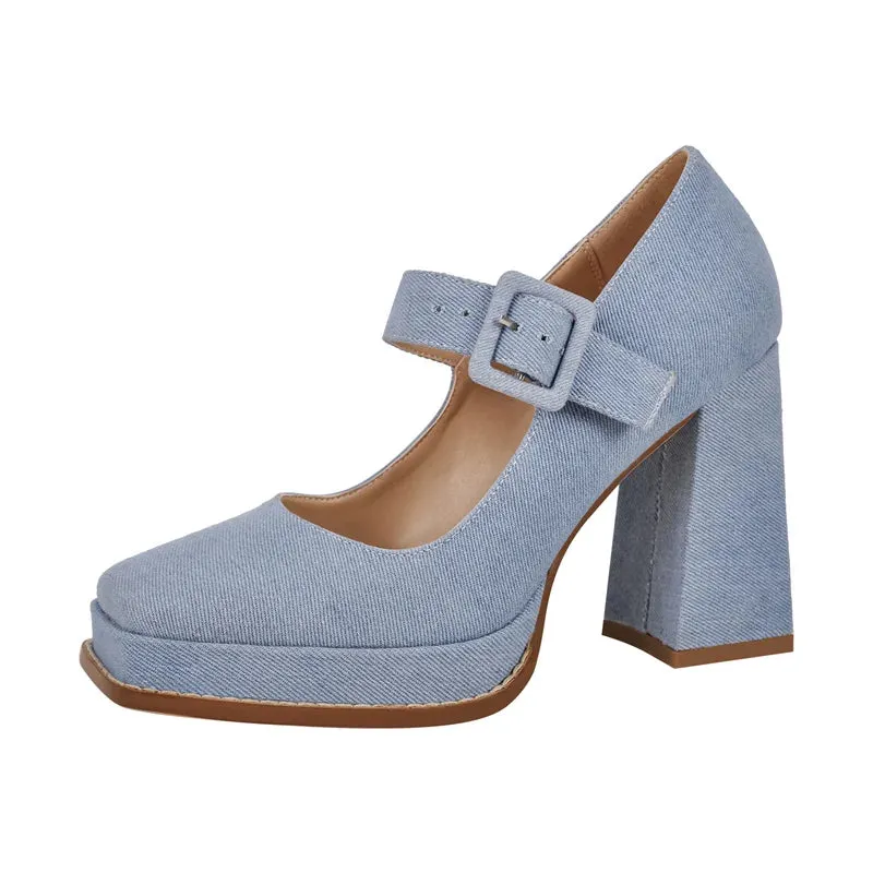 Patent Leather Square Toe Buckle Strap Chunky Heel Pumps Shoes