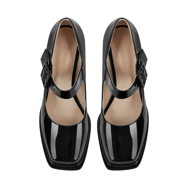 Patent Leather Square Toe Buckle Strap Chunky Heel Pumps Shoes