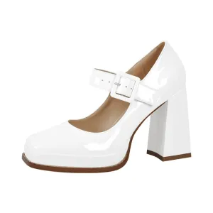 Patent Leather Square Toe Buckle Strap Chunky Heel Pumps Shoes
