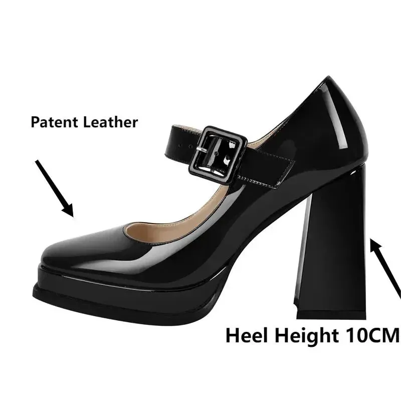 Patent Leather Square Toe Buckle Strap Chunky Heel Pumps Shoes