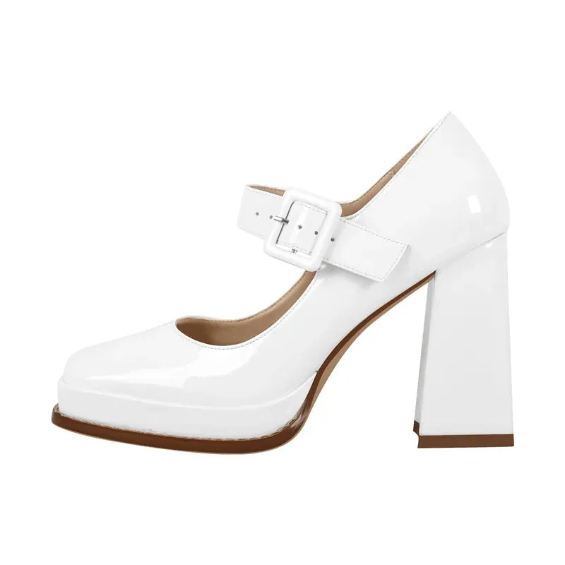 Patent Leather Square Toe Buckle Strap Chunky Heel Pumps Shoes