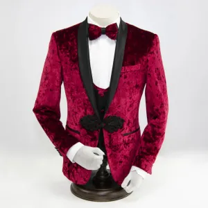 Red Velvet 3-Piece Slim-Fit Tuxedo with Frog Closure