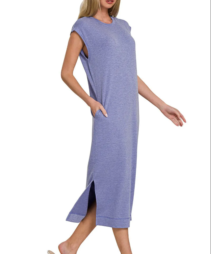 Sleeveless Pocket Midi T-Shirt Dress (Blue)