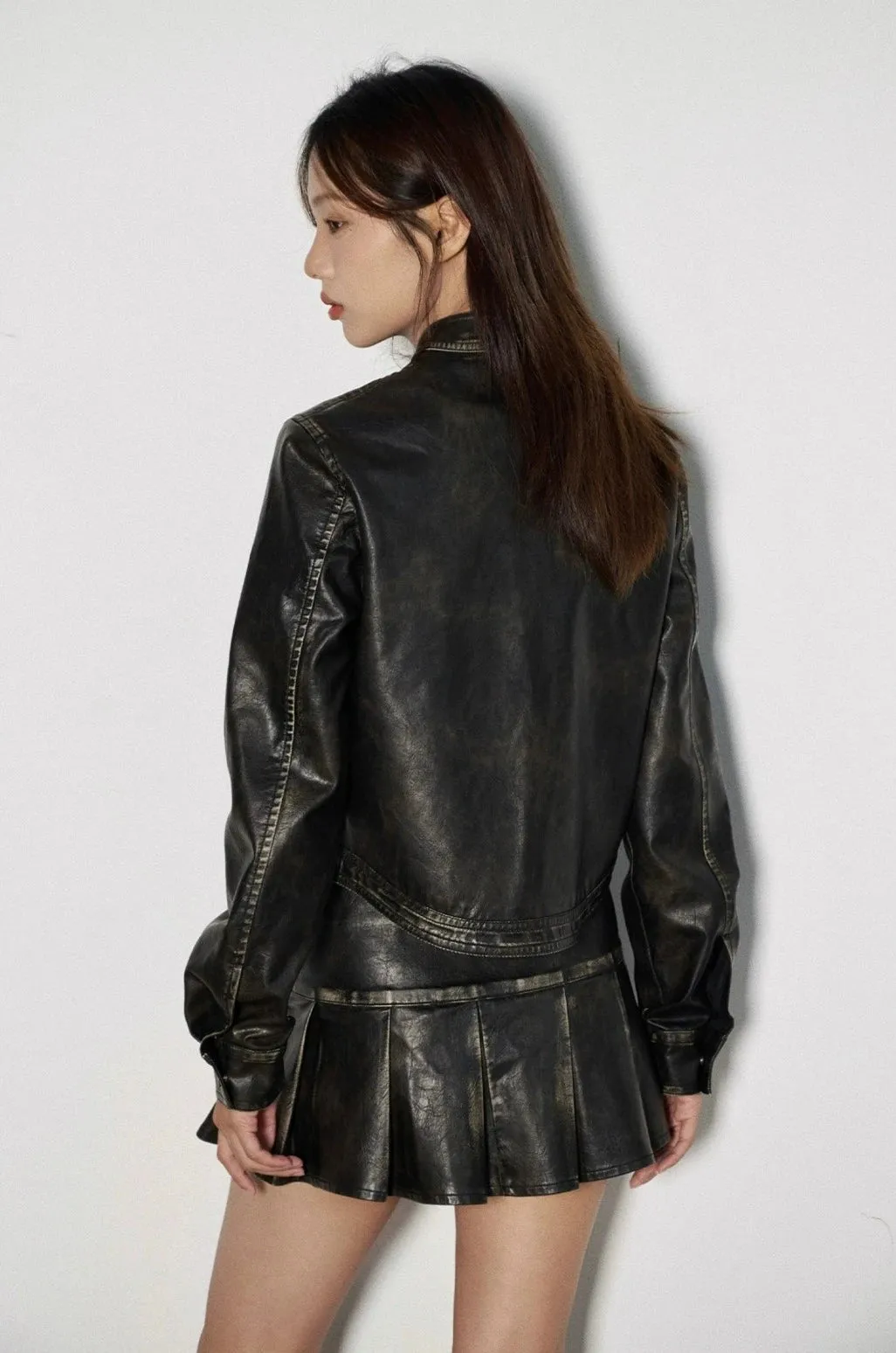 Slim Vintage Wash Faux Leather Zip-Up Jacket and Pleated Skirt Set