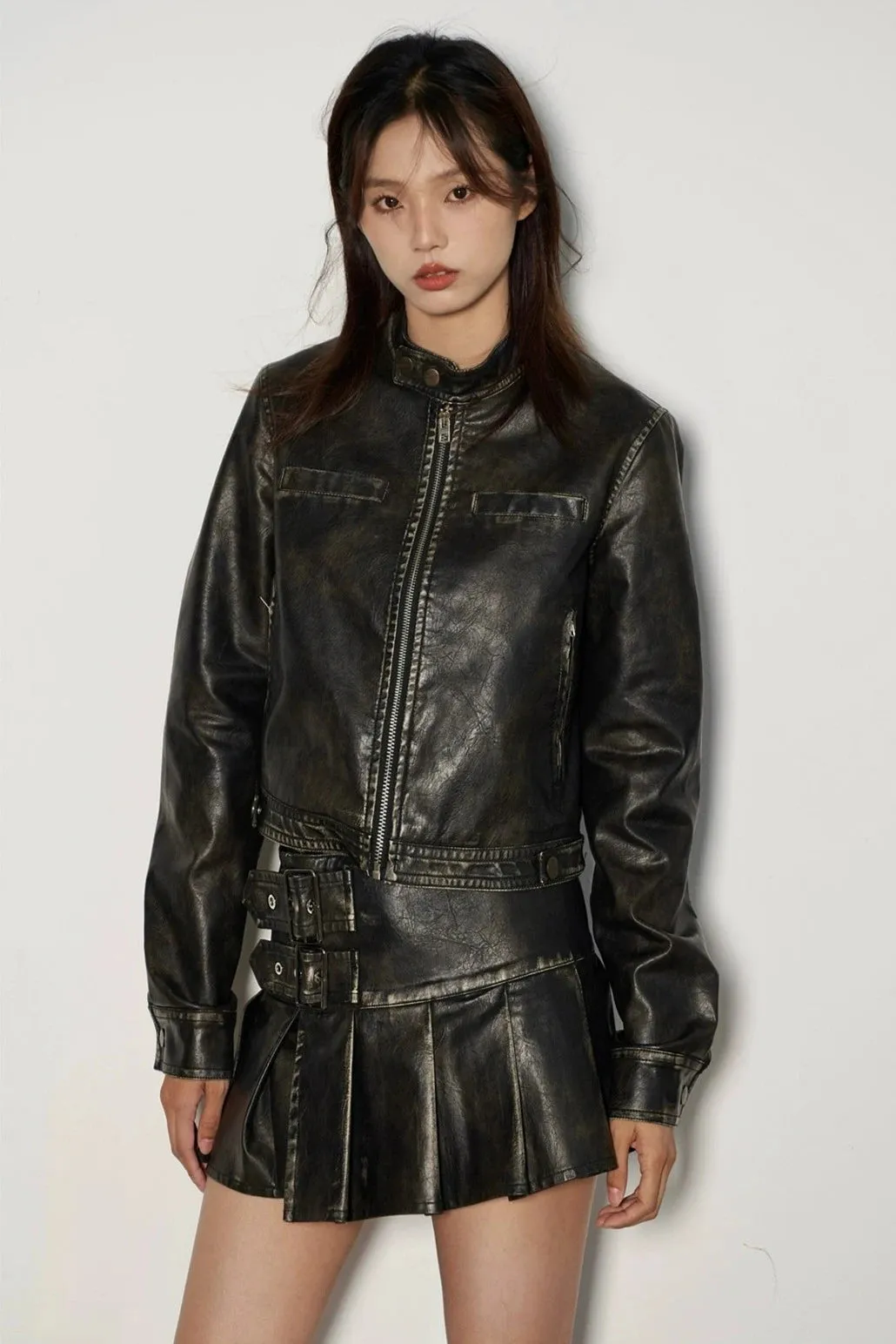 Slim Vintage Wash Faux Leather Zip-Up Jacket and Pleated Skirt Set