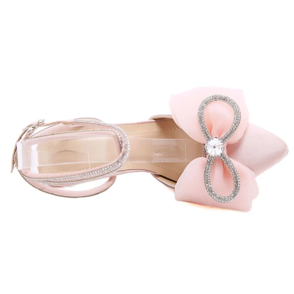 Sparkly Rhinestone Pointed Toe Satin Stiletto Butterfly Heels - Pink