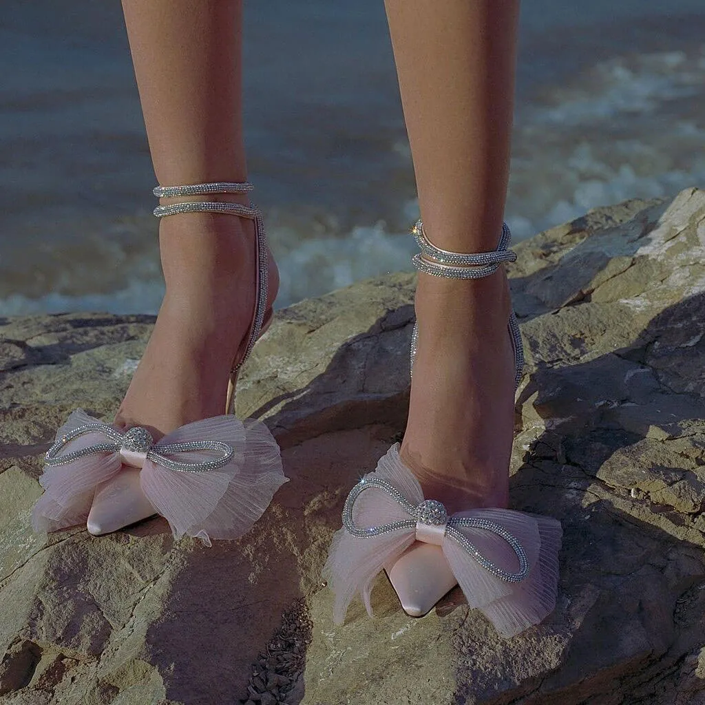 Sparkly Rhinestone Pointed Toe Satin Stiletto Butterfly Heels - Pink
