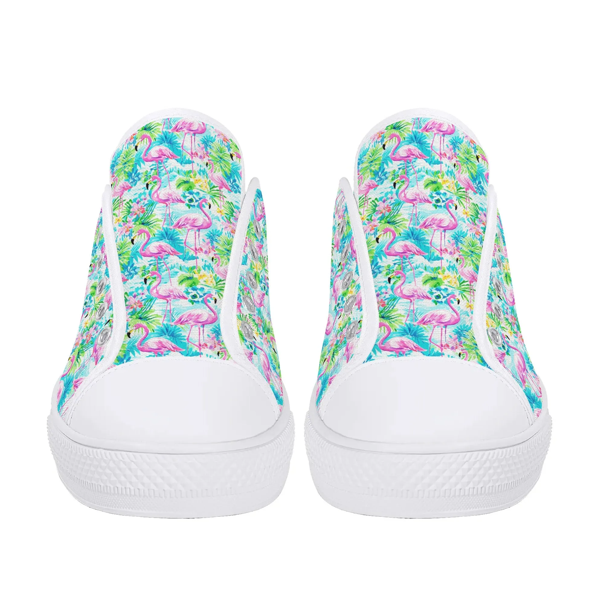 Tropical Flamingo Haven: Surrounded by Flowers and Palm Trees Womens Low Top Canvas Sneakers US5.5 - US12