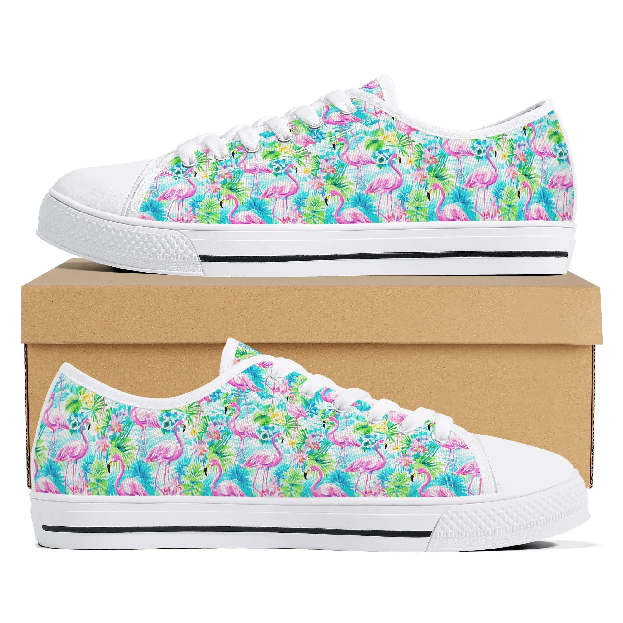 Tropical Flamingo Haven: Surrounded by Flowers and Palm Trees Womens Low Top Canvas Sneakers US5.5 - US12