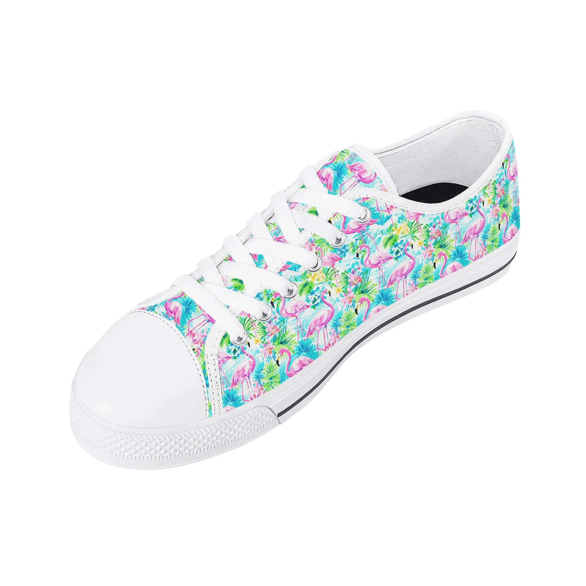 Tropical Flamingo Haven: Surrounded by Flowers and Palm Trees Womens Low Top Canvas Sneakers US5.5 - US12