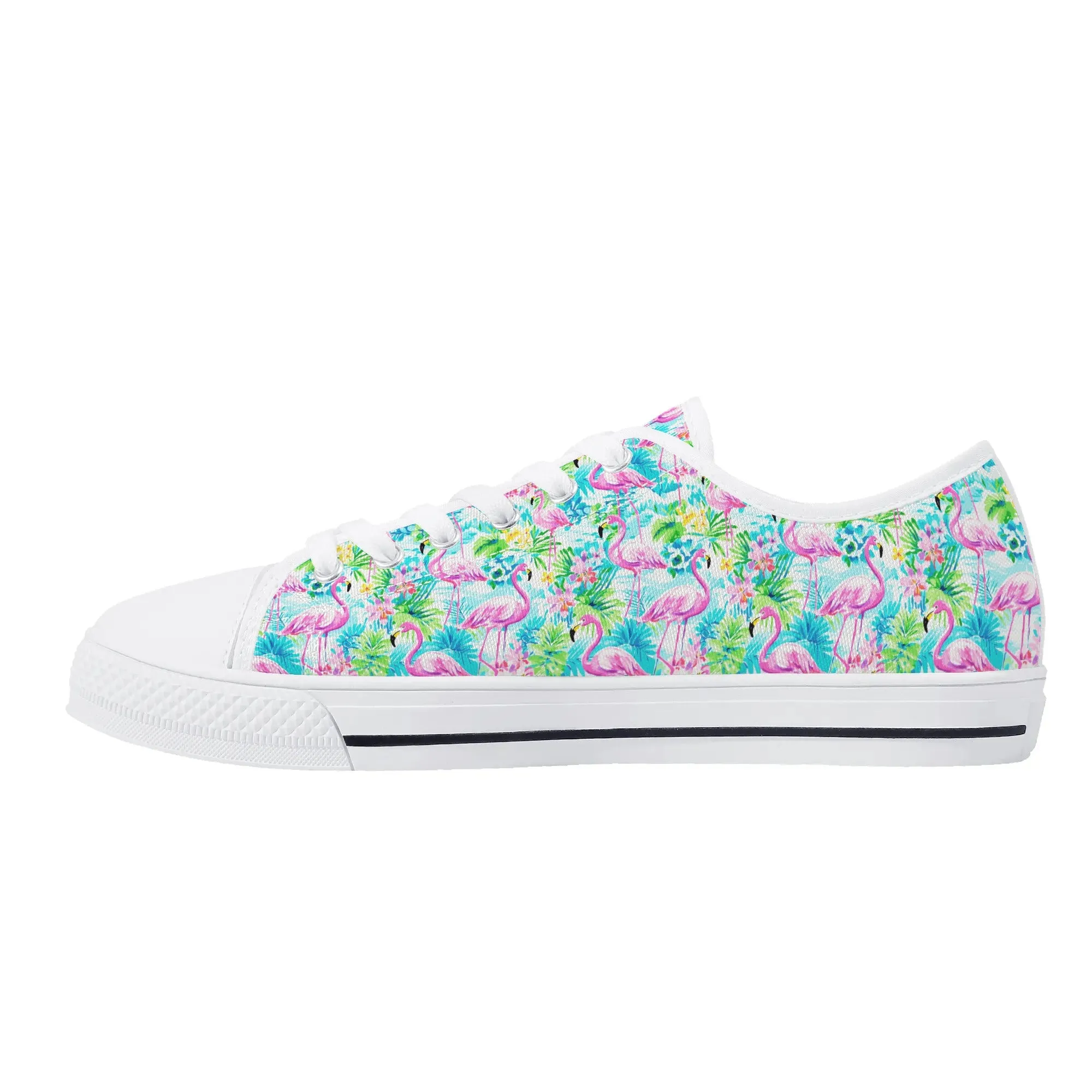 Tropical Flamingo Haven: Surrounded by Flowers and Palm Trees Womens Low Top Canvas Sneakers US5.5 - US12