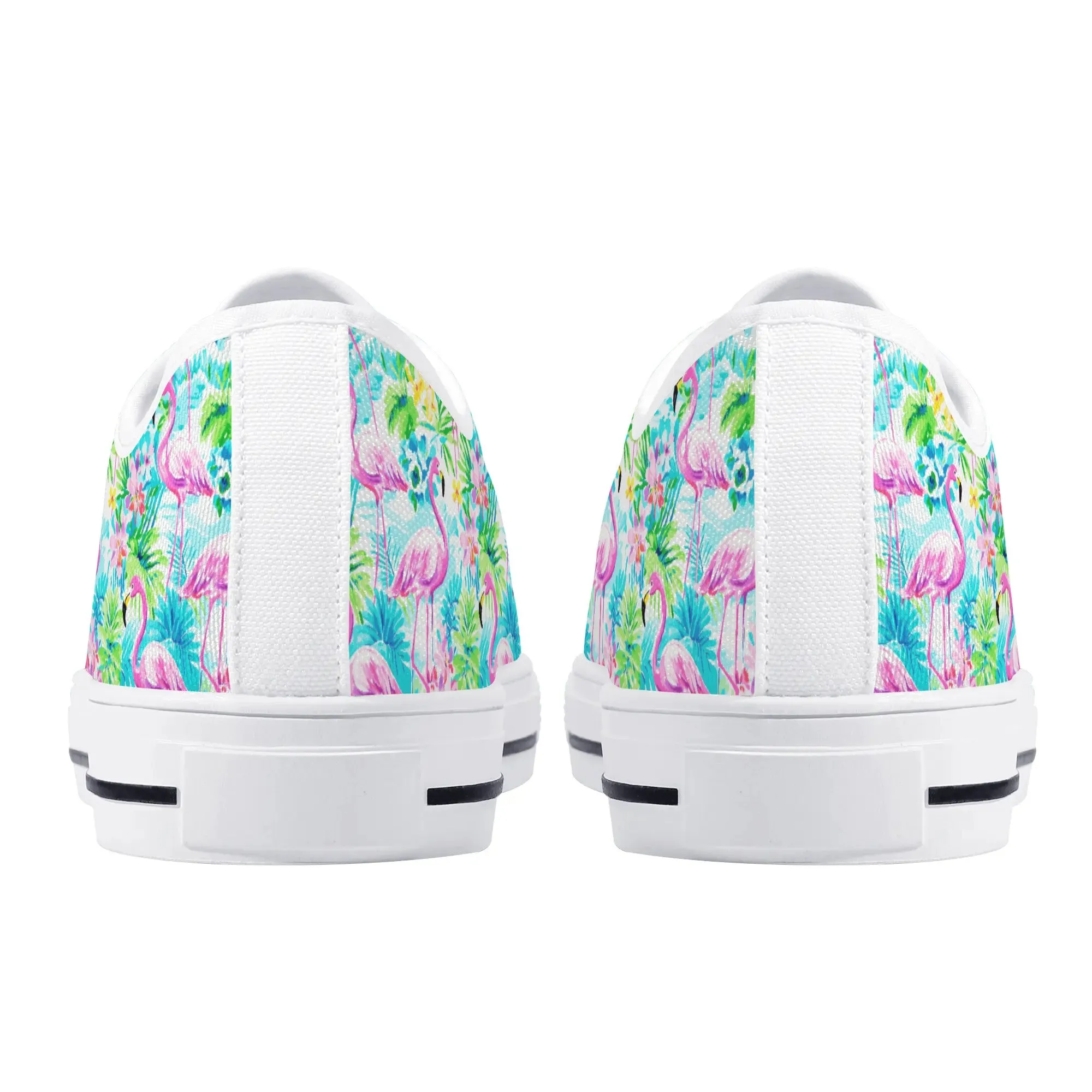 Tropical Flamingo Haven: Surrounded by Flowers and Palm Trees Womens Low Top Canvas Sneakers US5.5 - US12