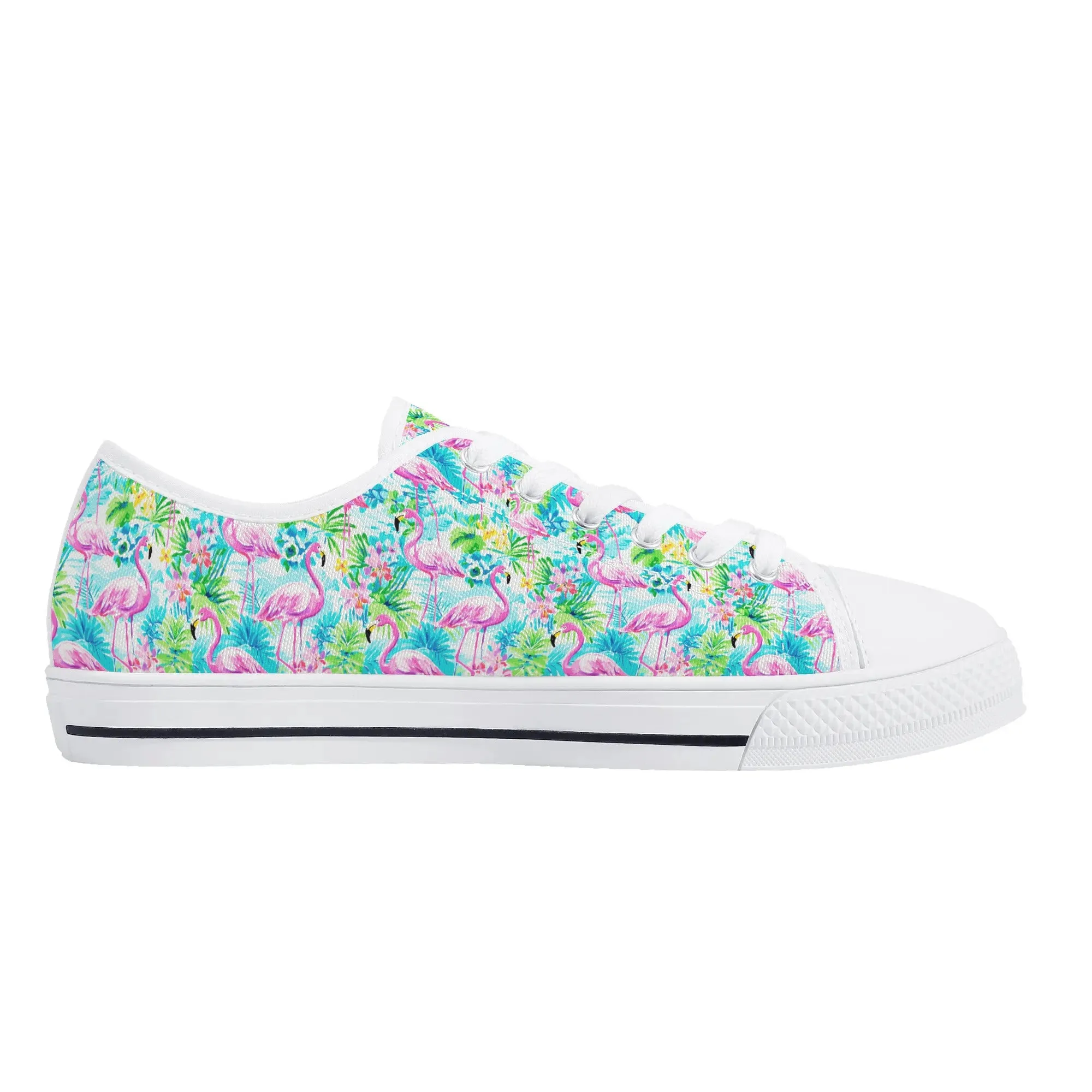 Tropical Flamingo Haven: Surrounded by Flowers and Palm Trees Womens Low Top Canvas Sneakers US5.5 - US12