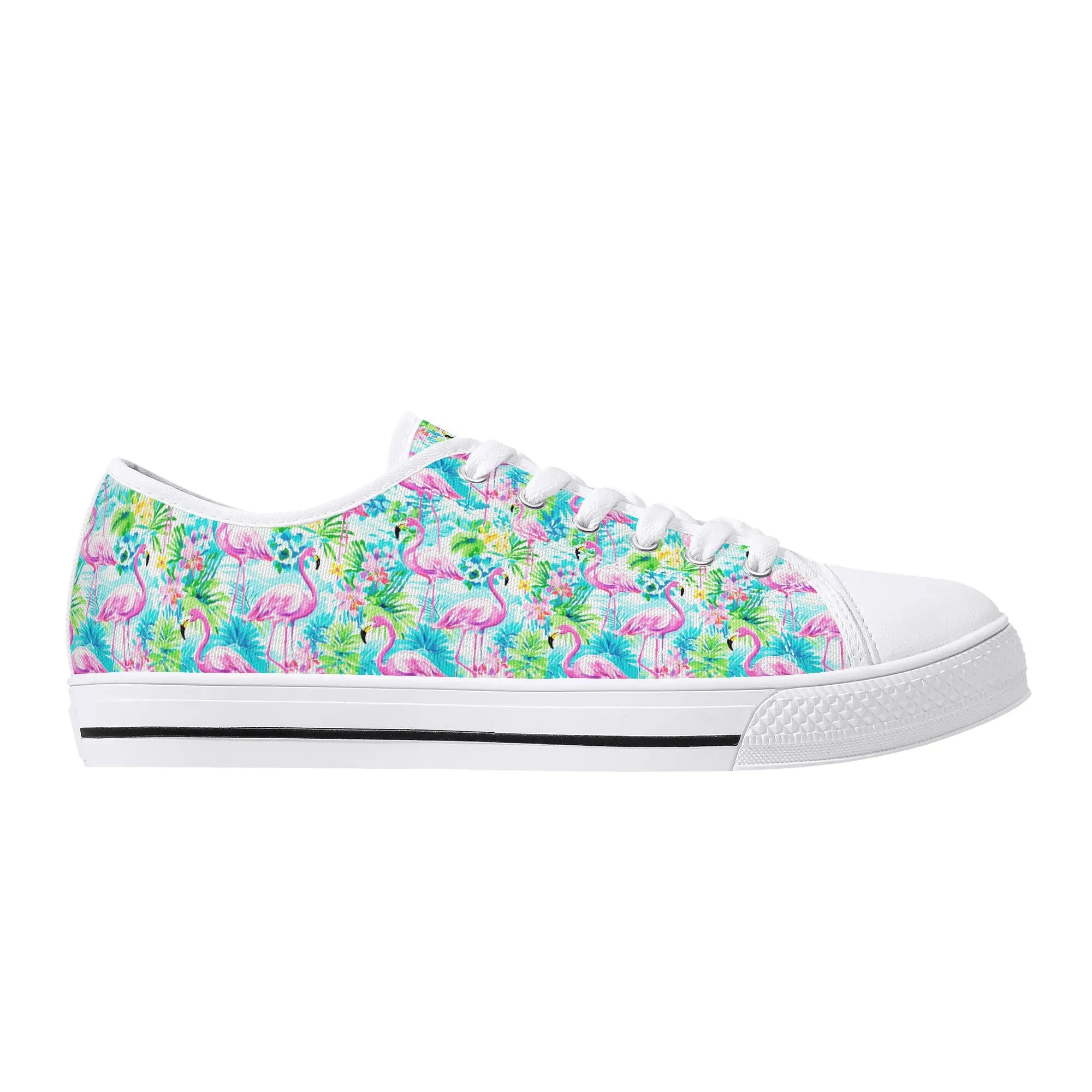 Tropical Flamingo Haven: Surrounded by Flowers and Palm Trees Womens Low Top Canvas Sneakers US5.5 - US12
