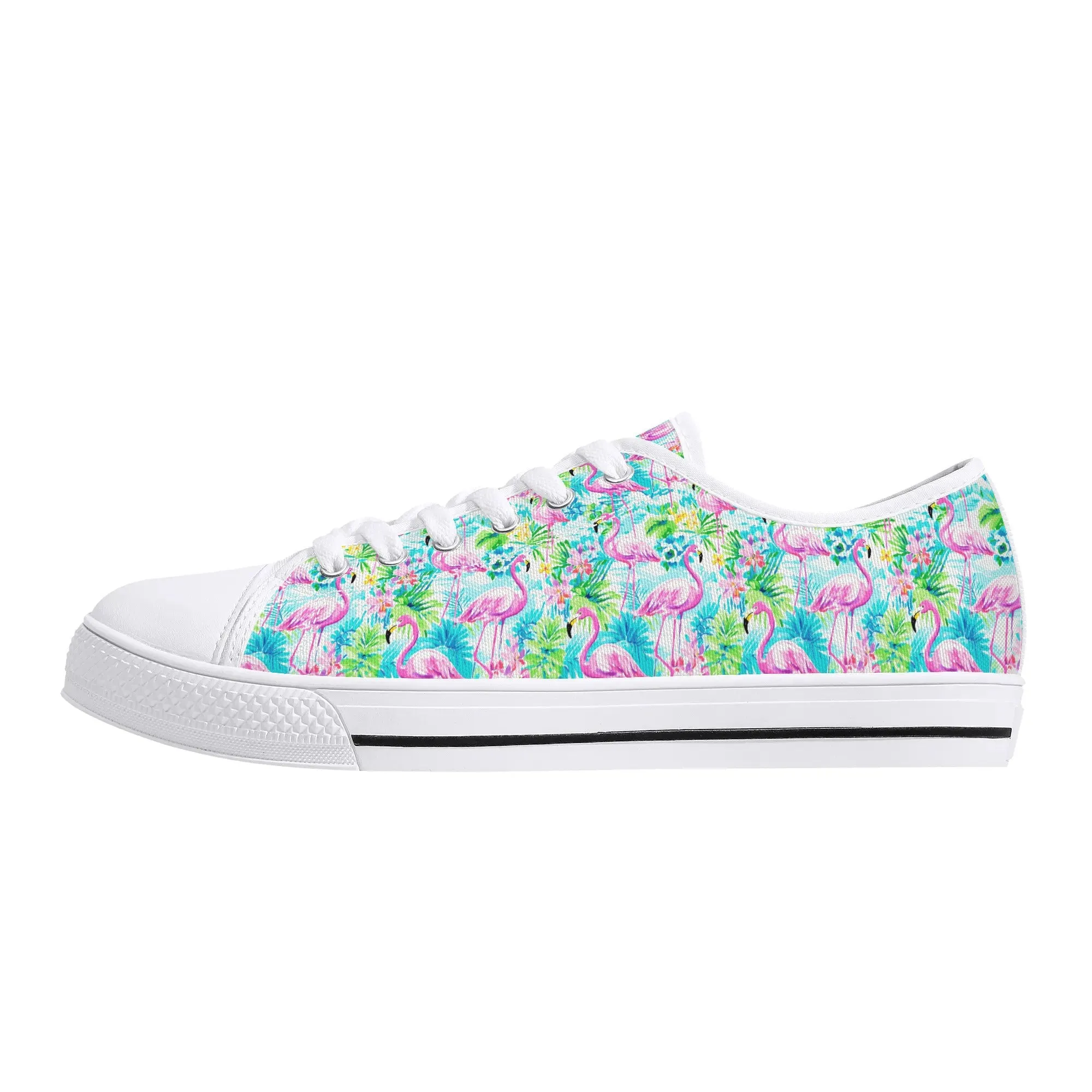 Tropical Flamingo Haven: Surrounded by Flowers and Palm Trees Womens Low Top Canvas Sneakers US5.5 - US12