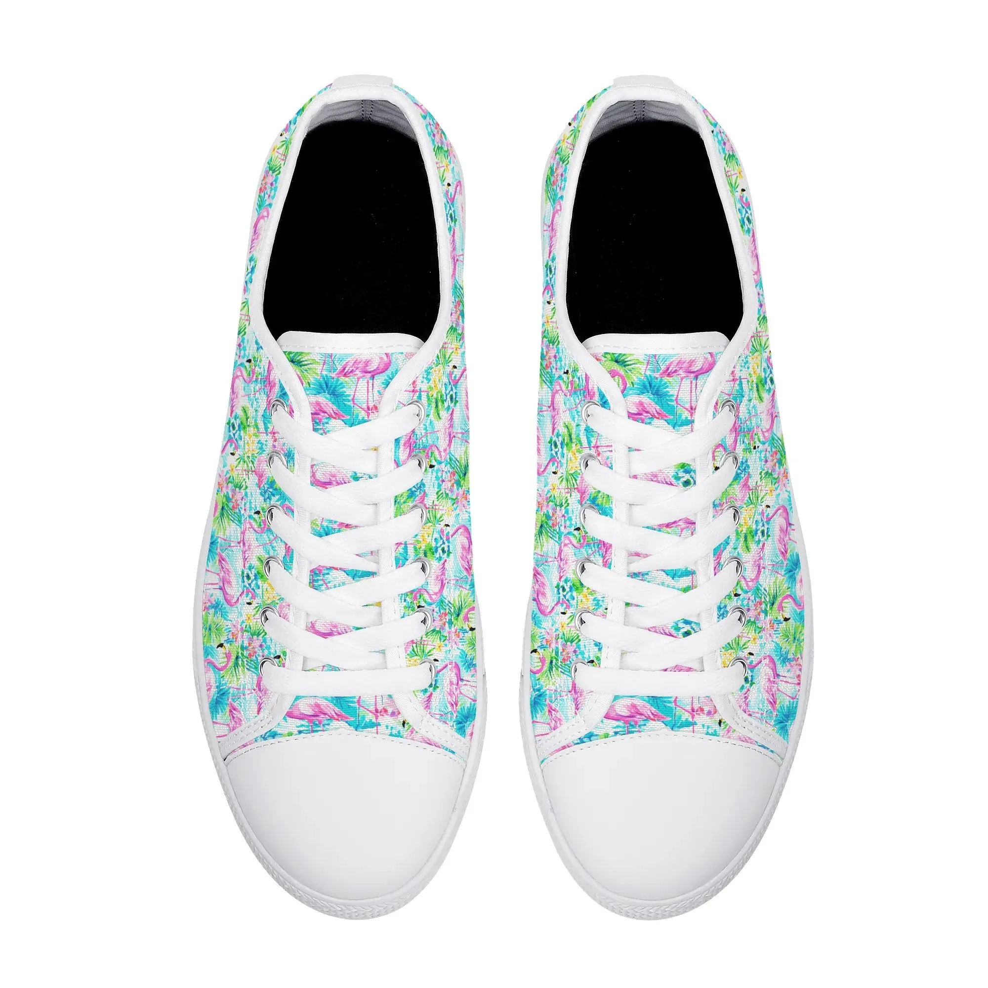 Tropical Flamingo Haven: Surrounded by Flowers and Palm Trees Womens Low Top Canvas Sneakers US5.5 - US12
