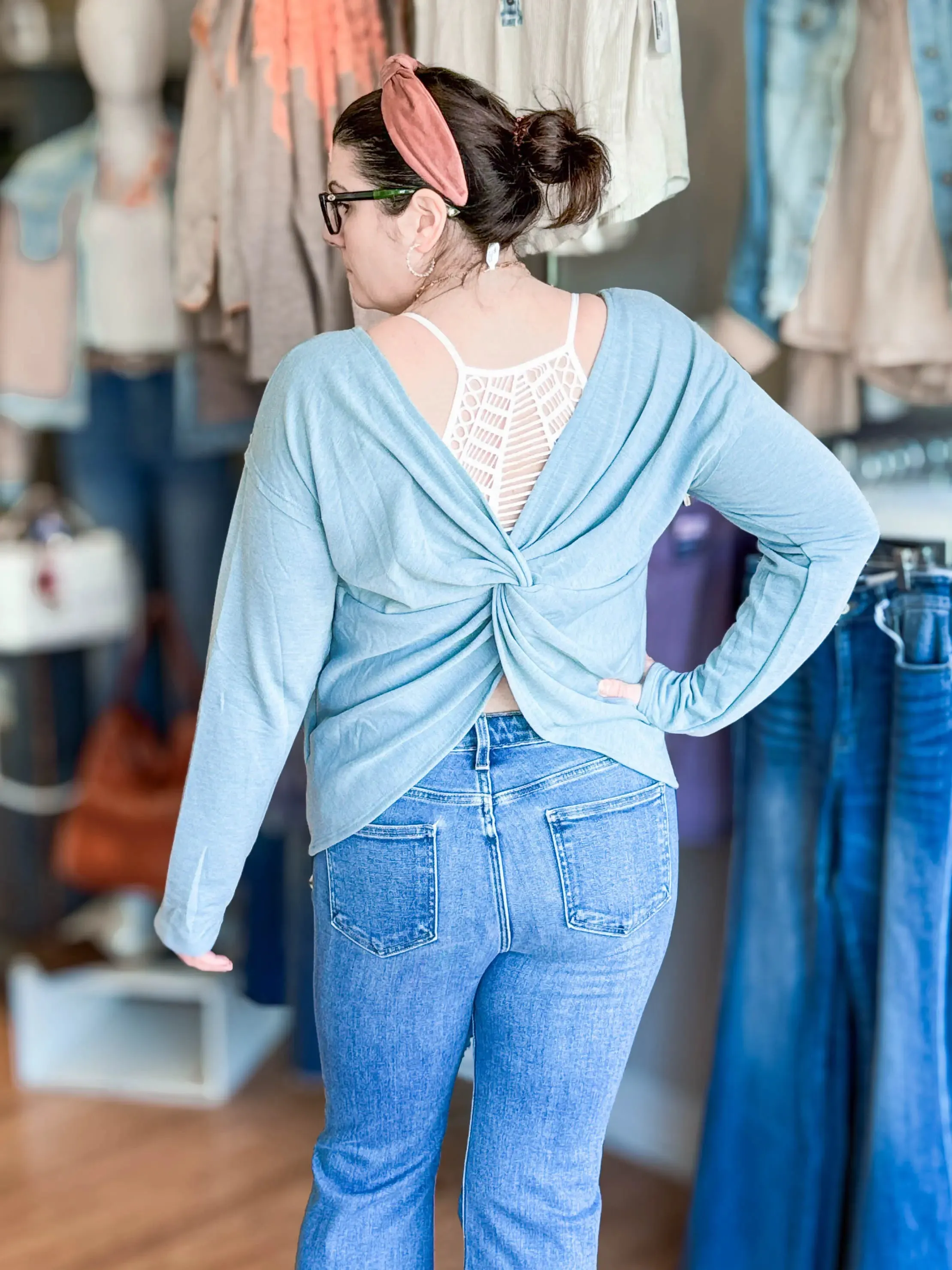 Twist Back Dolman Long Sleeve Knit Top Seafoam