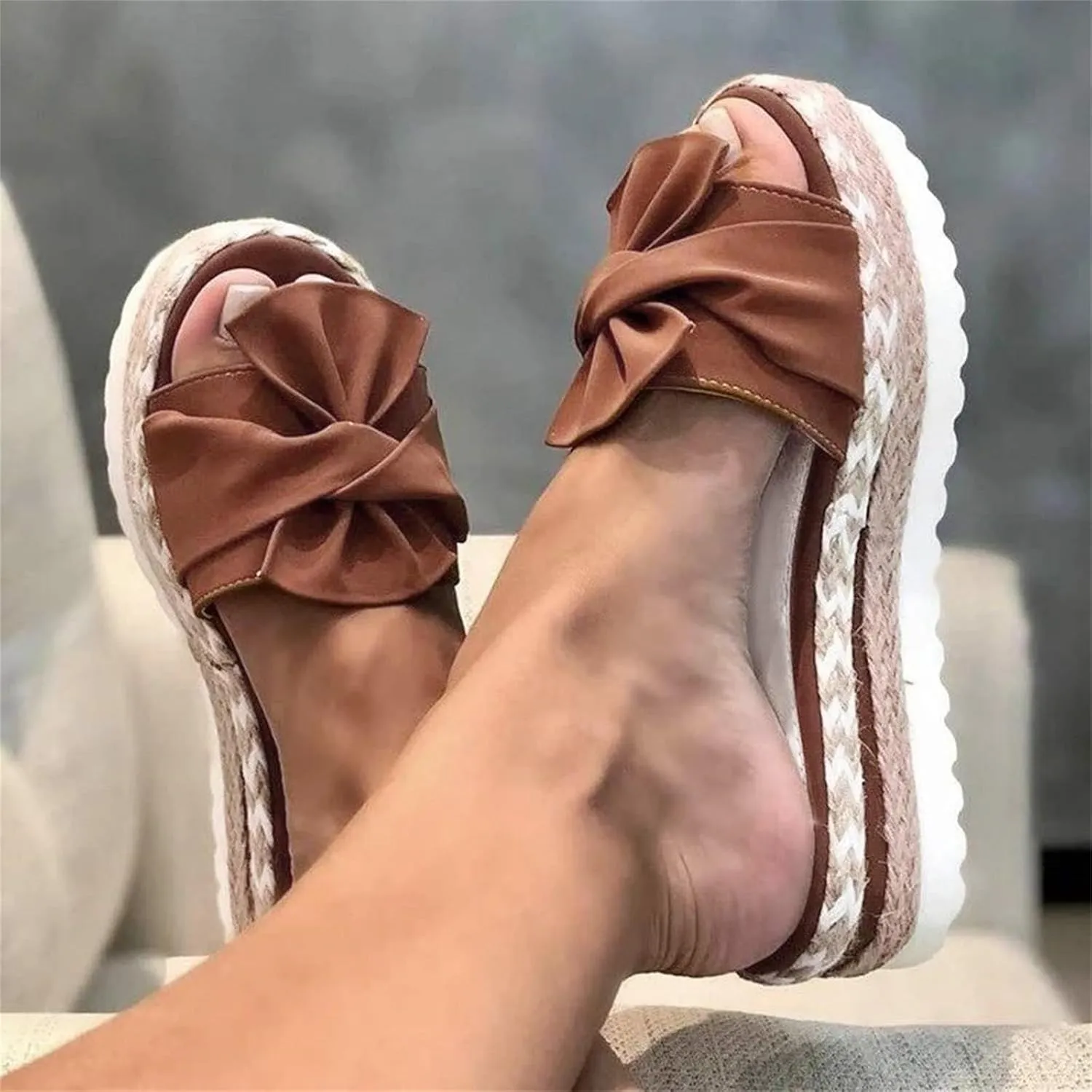 Wedge Sandals for Women Summer Cool Slip-on Bowknot Slides Espadrille Sandals Fashion Bohemian Platform Espadrilles Slip On Sandals Lightweight Breathable Walking Shoes Outdoor Shoes