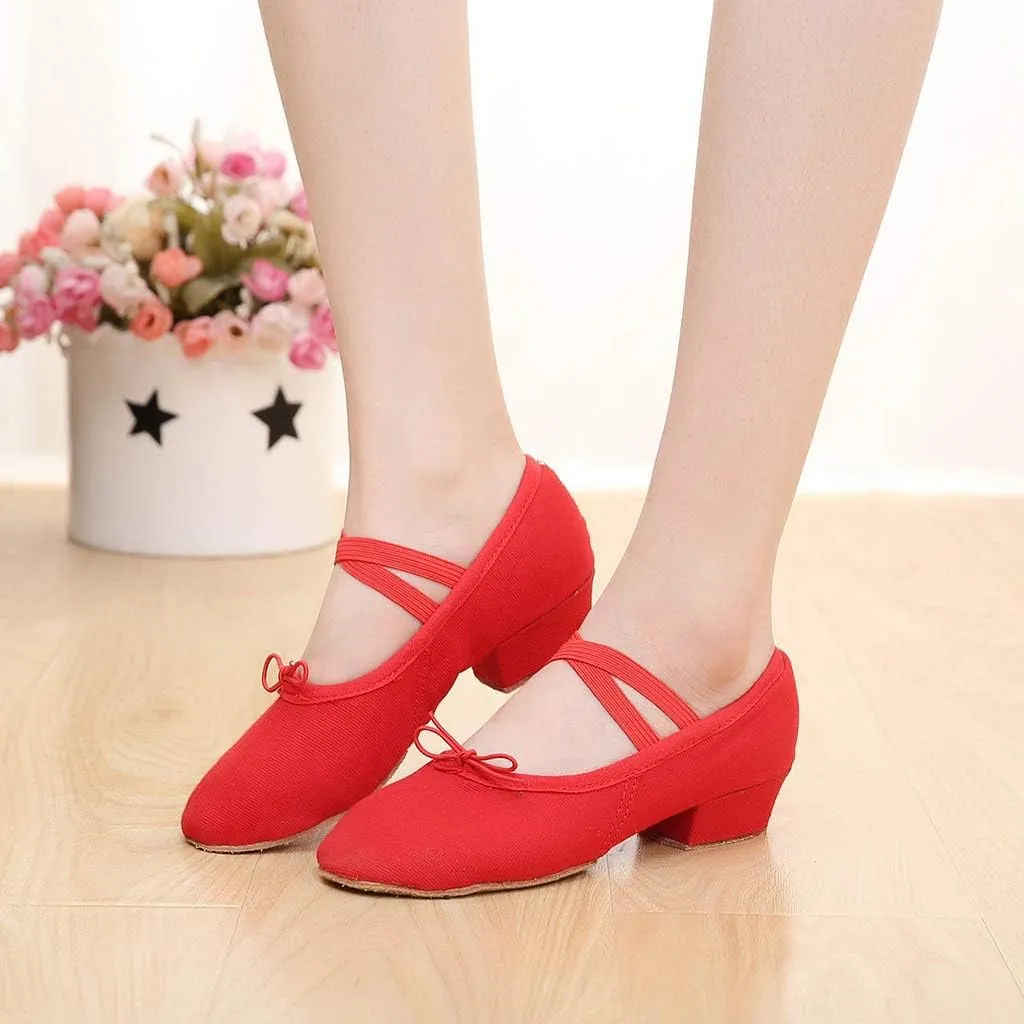 Women's Low Chunky Heels Satin Latin Dance Shoes Soft Sneakers for Ballroom Salsa Tango Performance Dancing Shoes