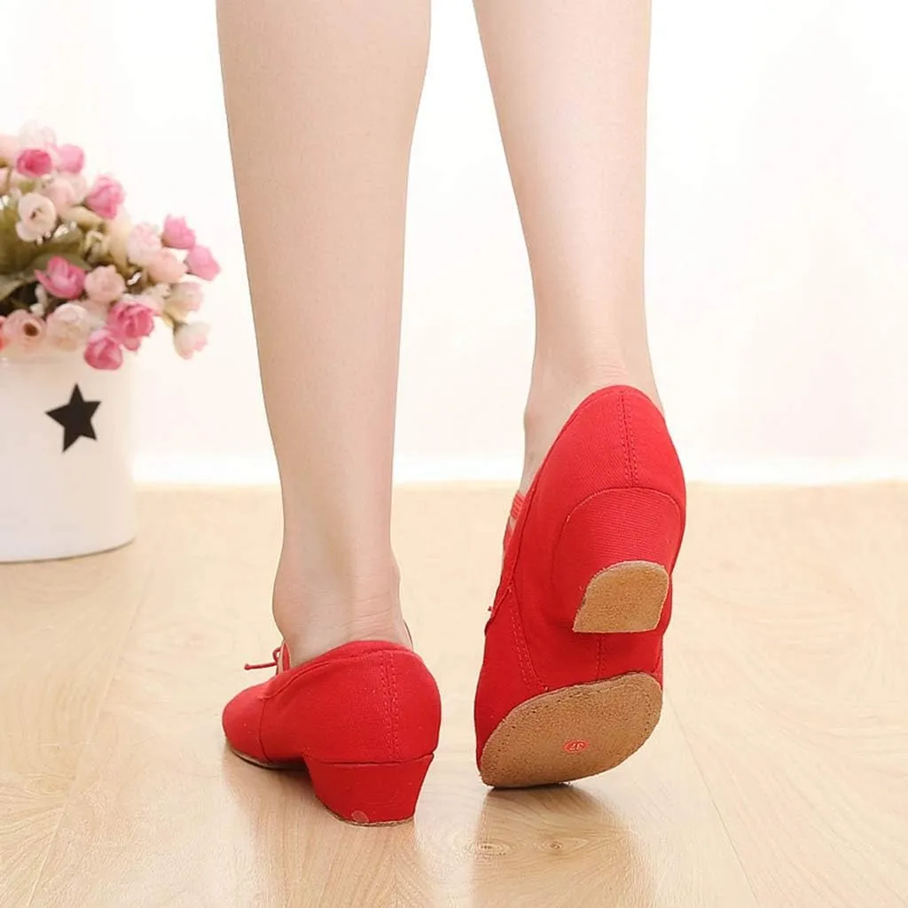 Women's Low Chunky Heels Satin Latin Dance Shoes Soft Sneakers for Ballroom Salsa Tango Performance Dancing Shoes