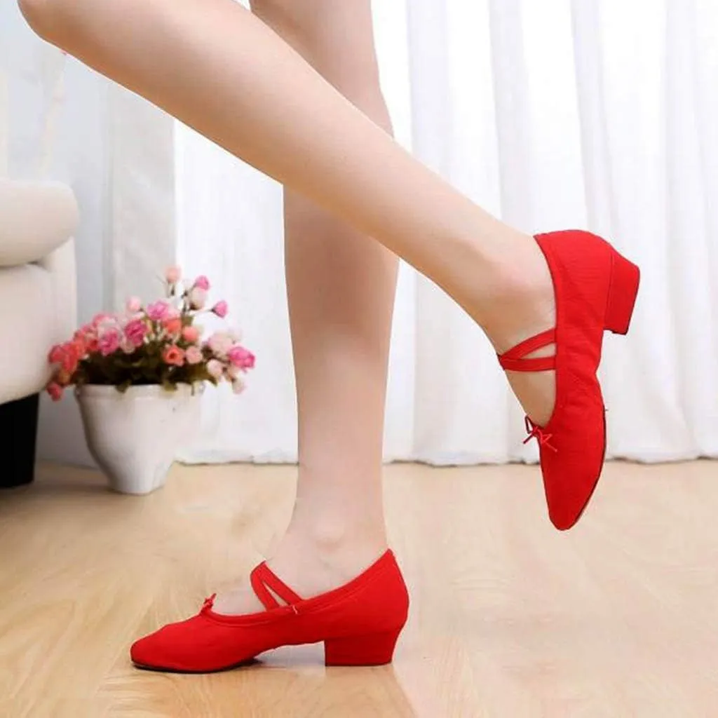 Women's Low Chunky Heels Satin Latin Dance Shoes Soft Sneakers for Ballroom Salsa Tango Performance Dancing Shoes